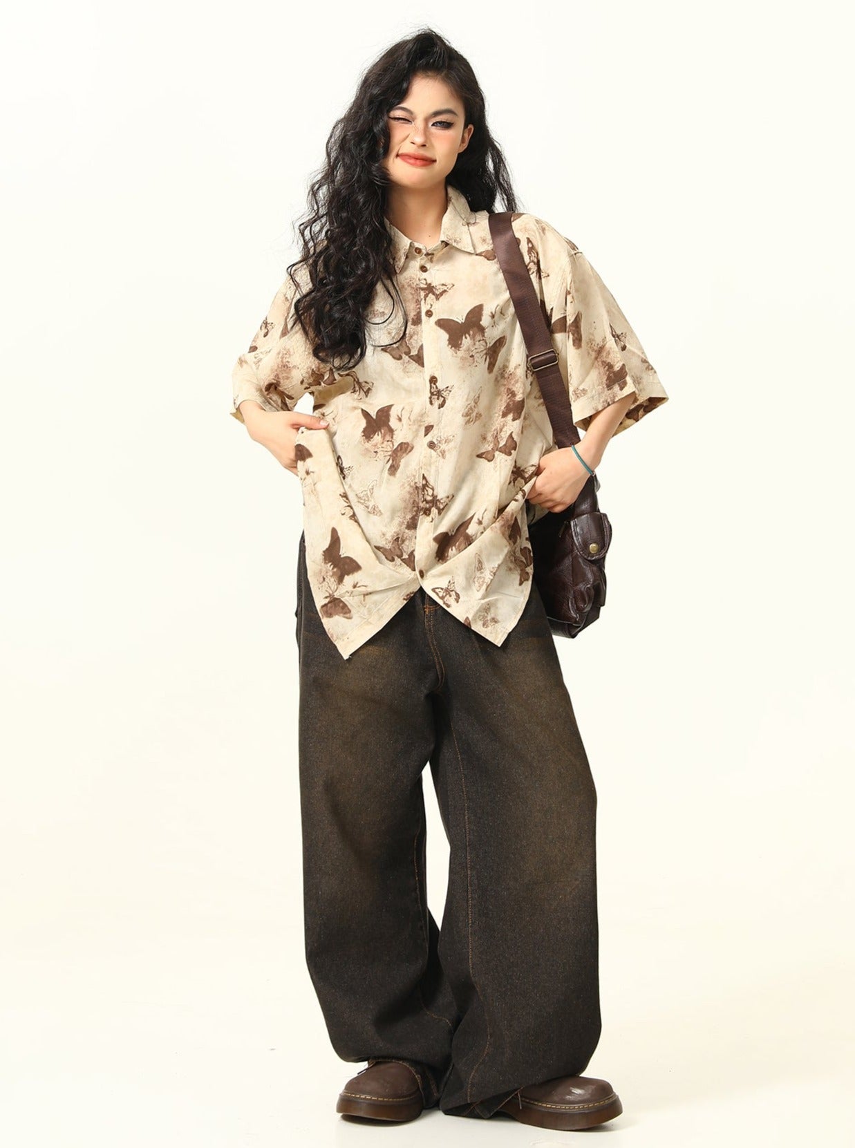 Butterfly Print Pattern Oversized Button-Down Shirt