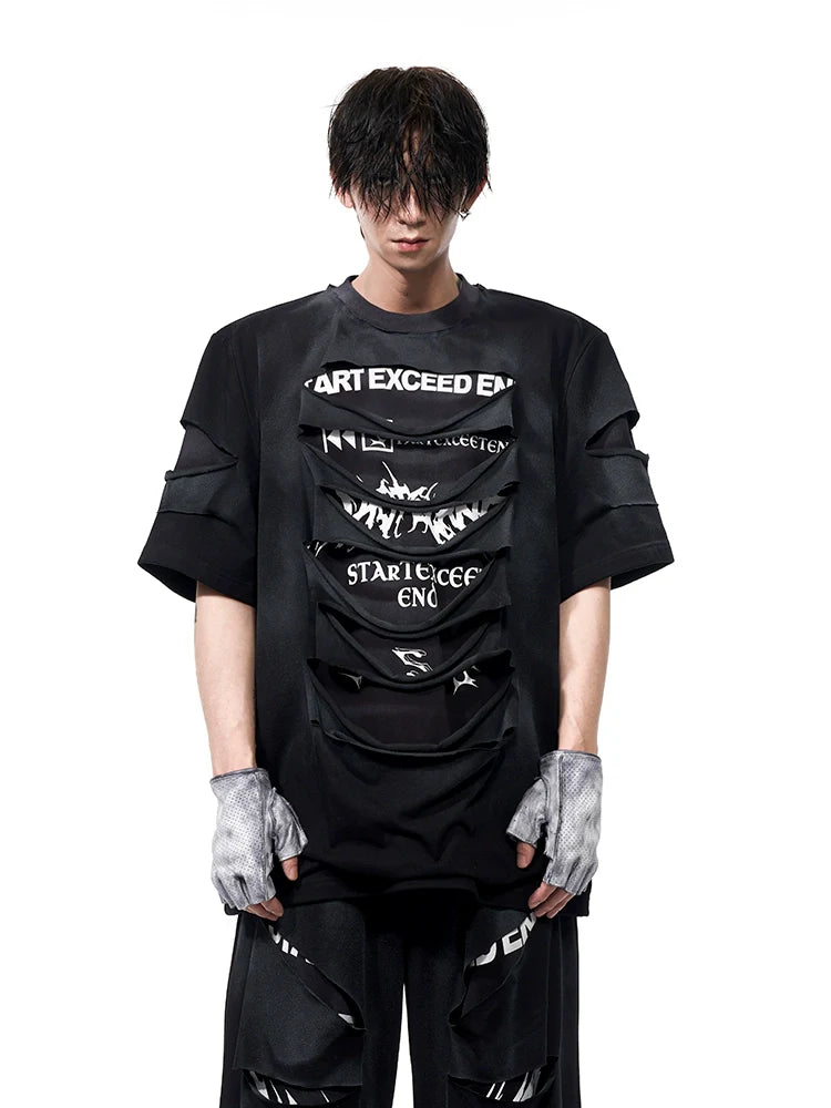 Slashed Text Layered Tee & Micro Flare Pants Setup