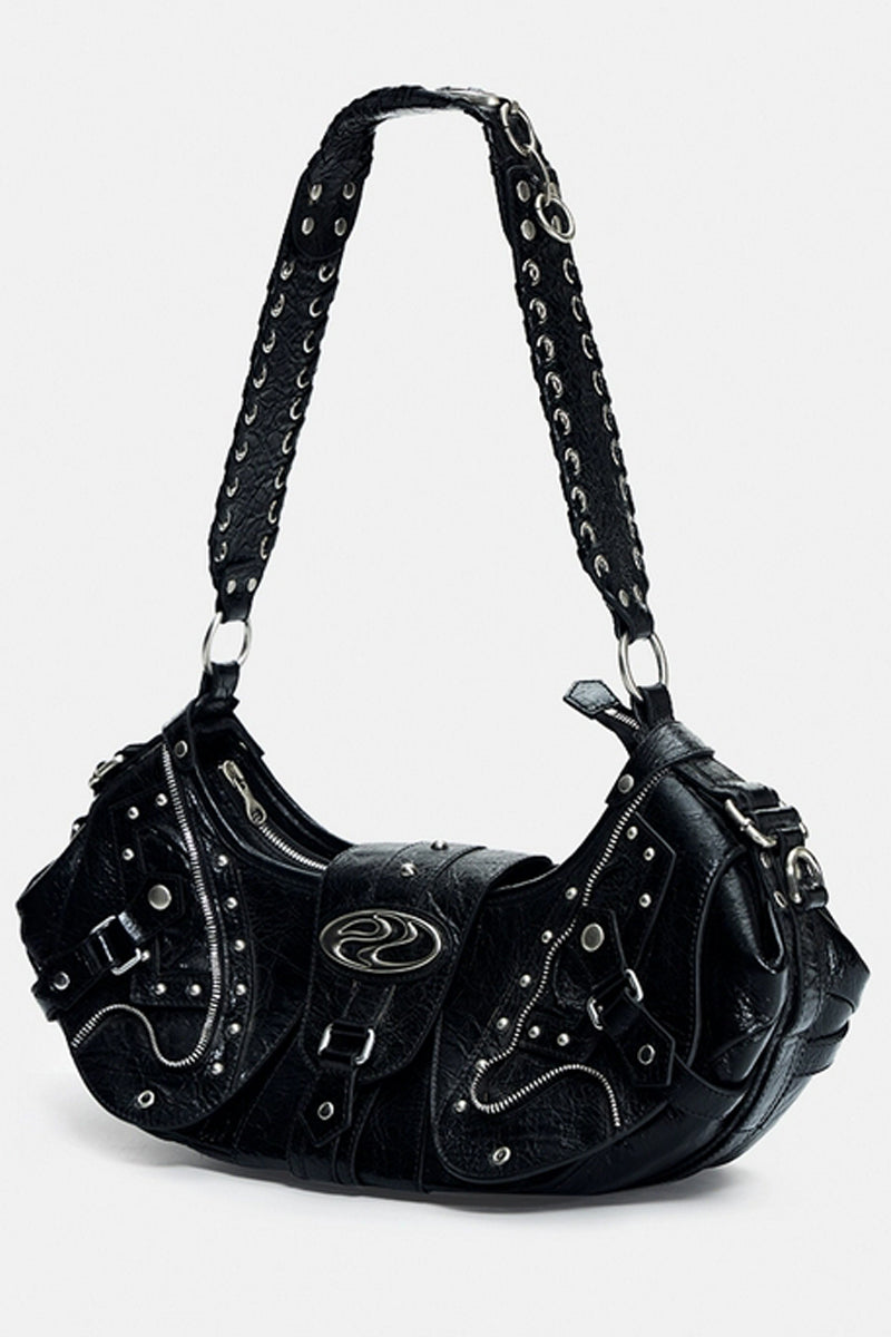 Crackle Chain Studded Hobo Bag