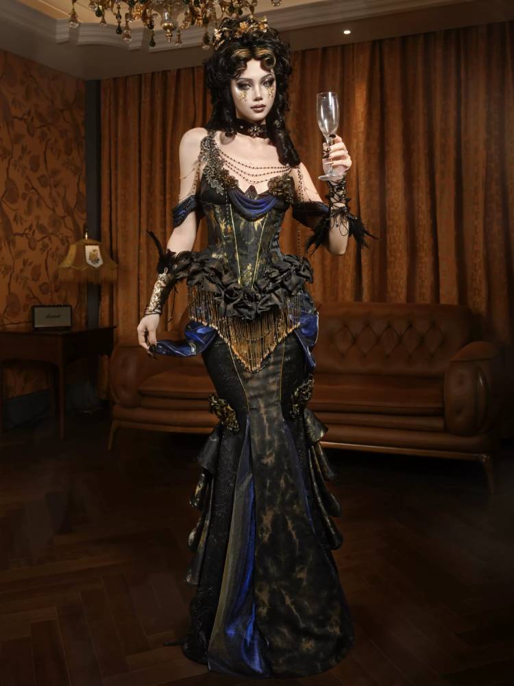 Victorian Steampunk Corset Dress - Gold Satin Gothic Ball Gown