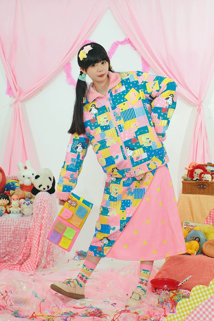 Cartoon Patchwork Sherpa Lined Zip Jacket