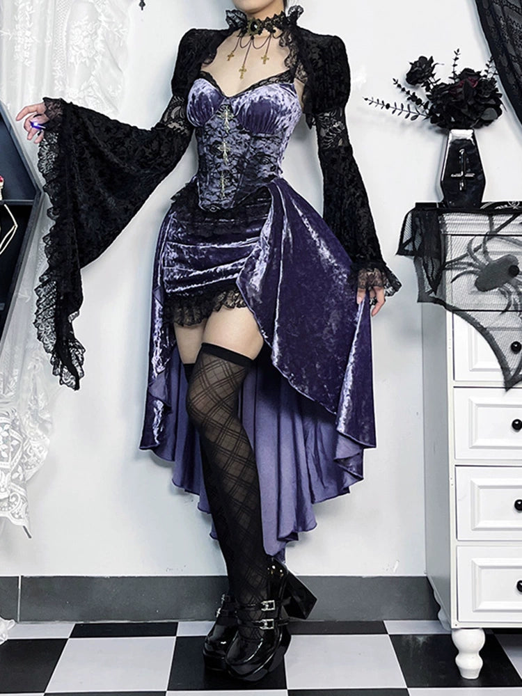 Wannathis Gothic Velvet Corset Dress Set - Purple High-Low Gown With Lace Trim And Black Lace Bolero