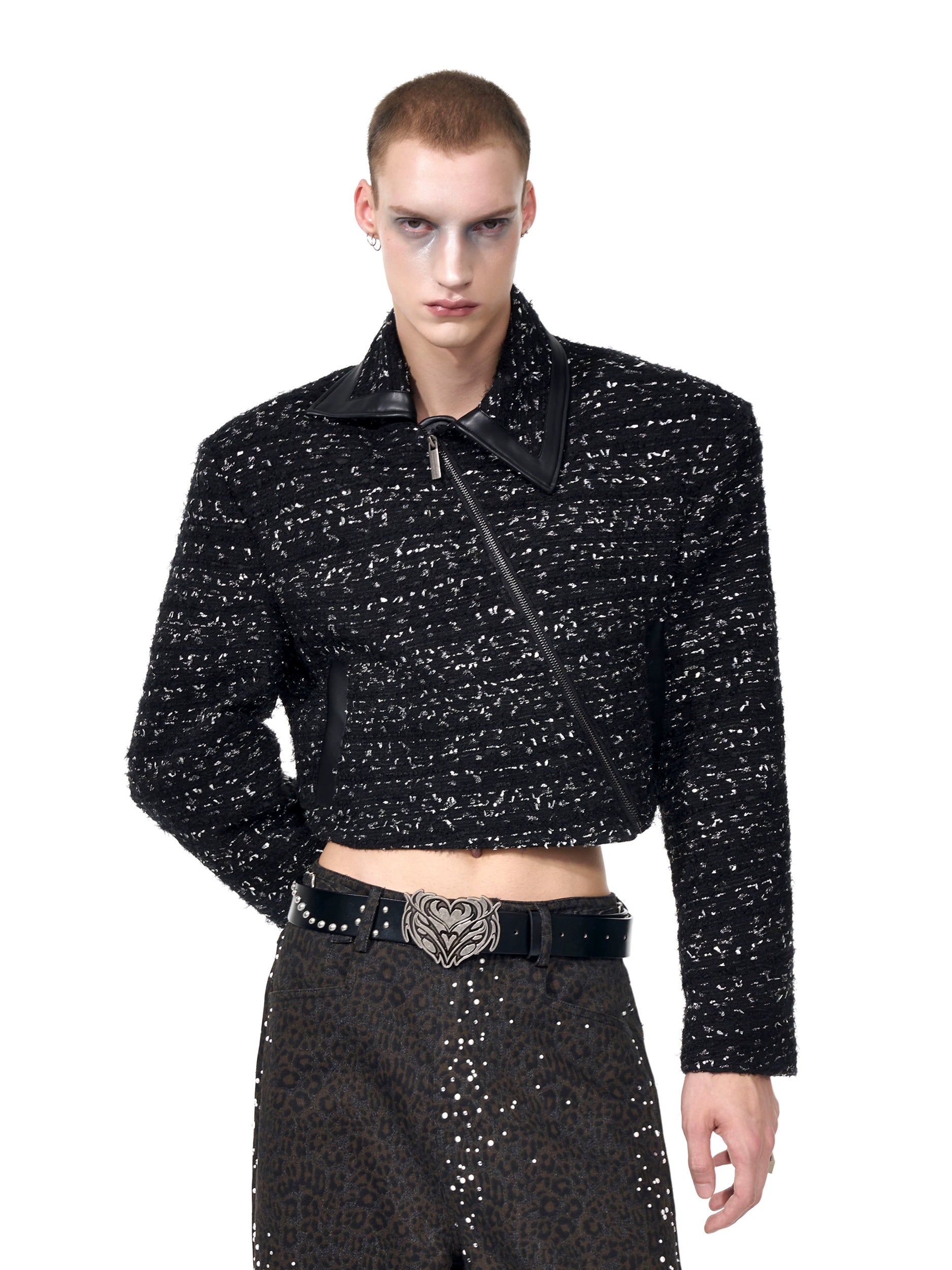 Cropped Black Tweed Jacket with Leather Collar and Asymmetric Zip