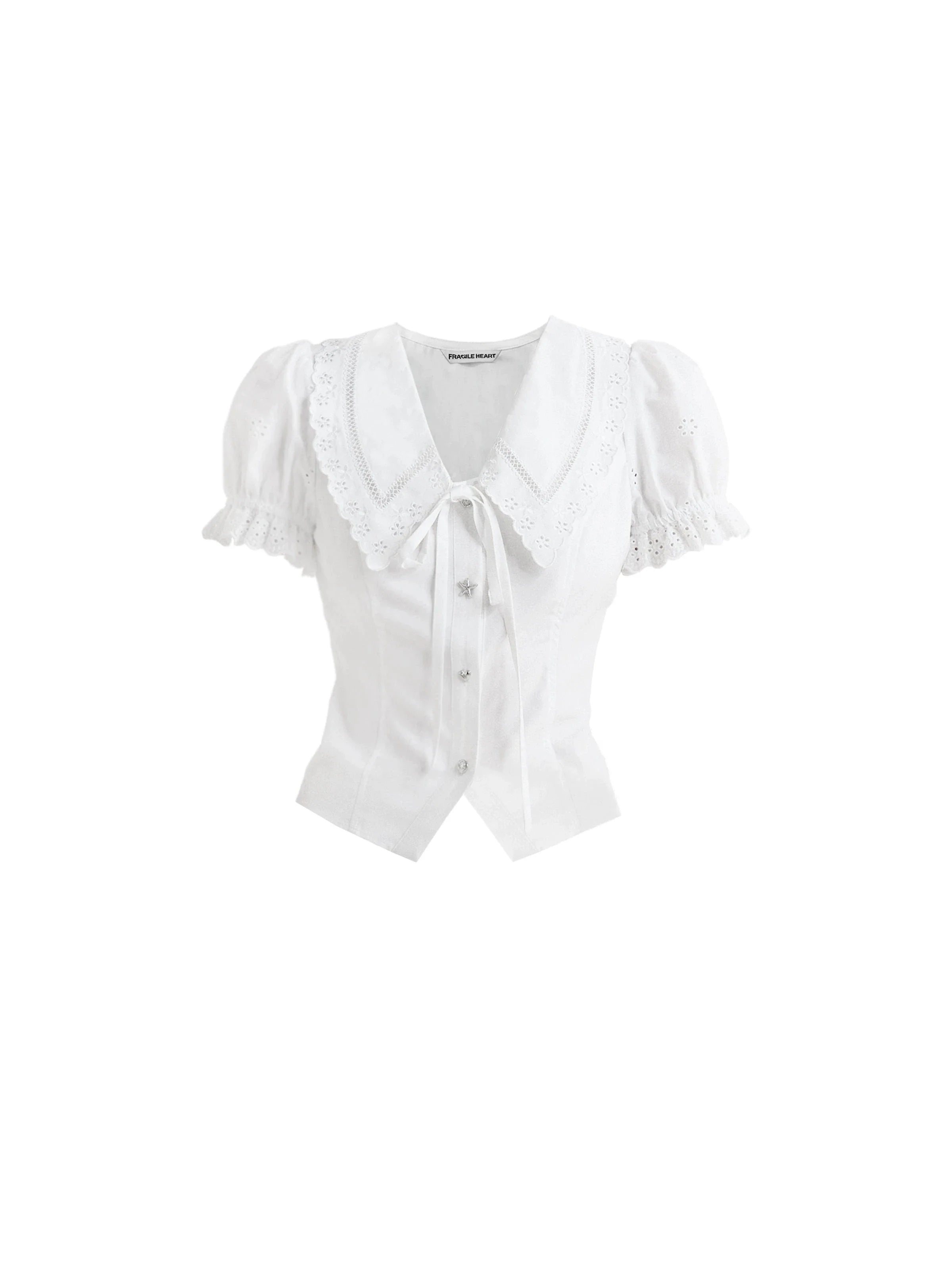 Blusa de cuello de encaje blanco y falda de ojal