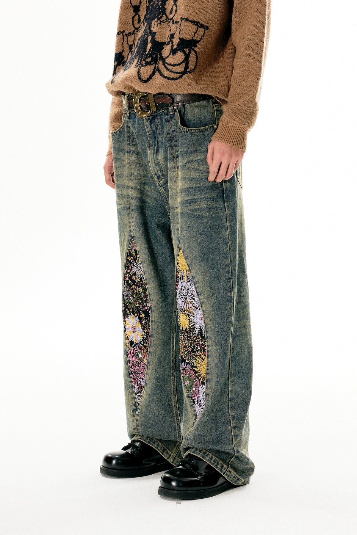 Vintage Firework Distressed Jeans With Relaxed Straight Fit - chiclara