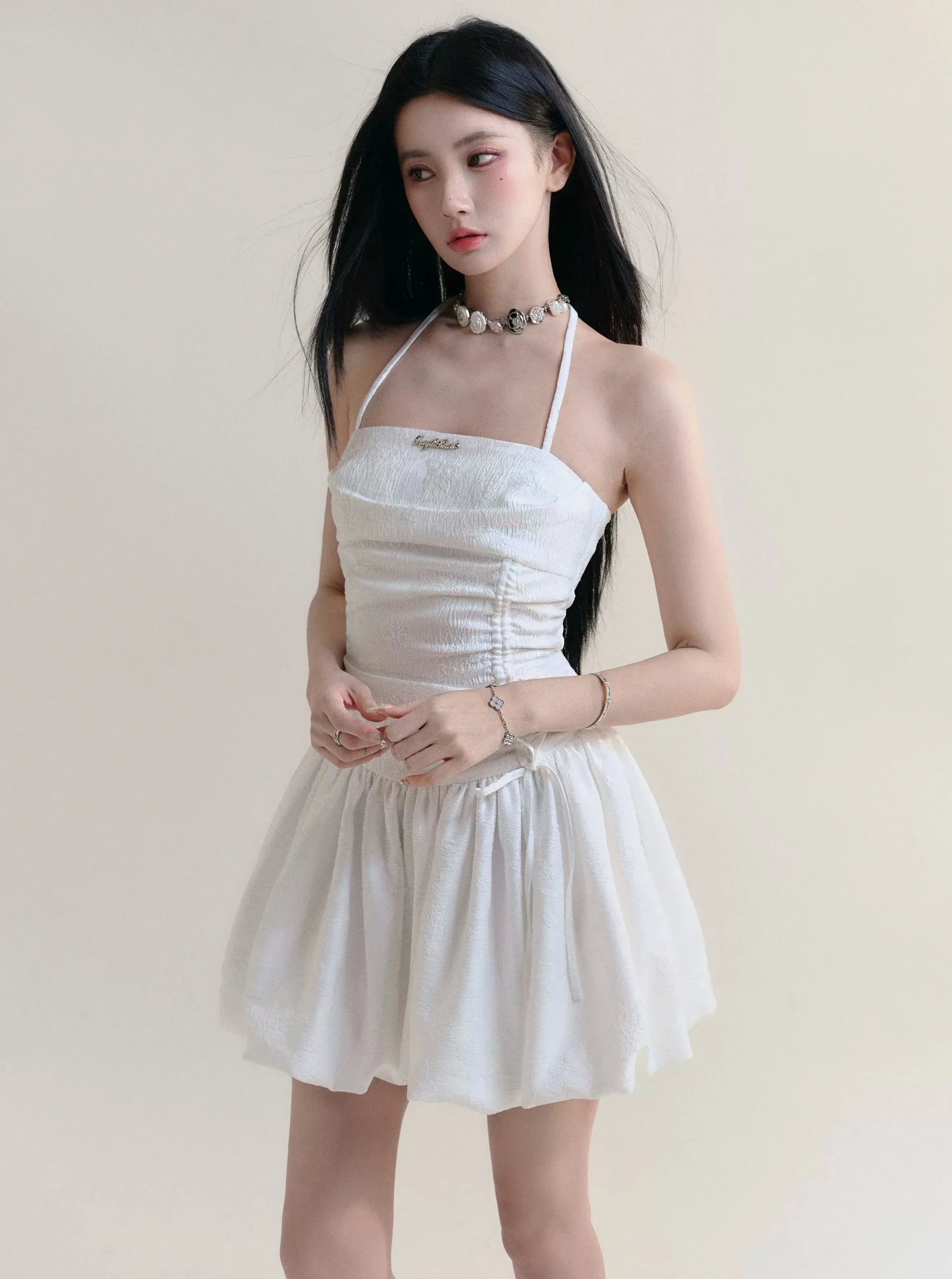 Angelic White Halter Mini Sundress with Ruched Bodice