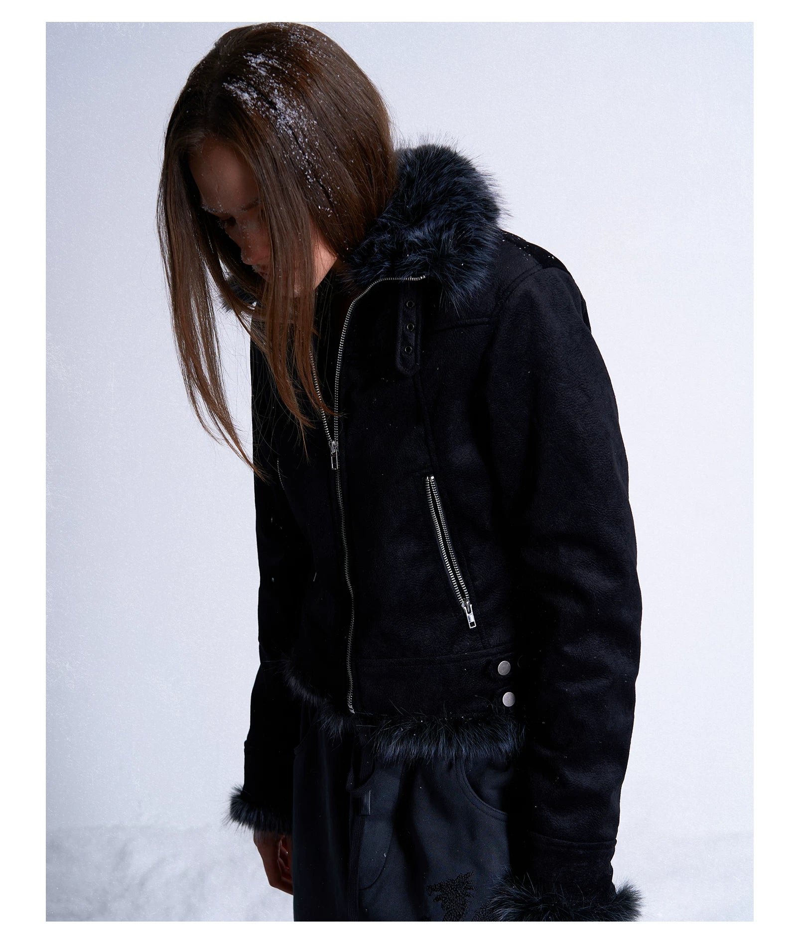 Short Fox Fur Collar Winter Moto Jacket