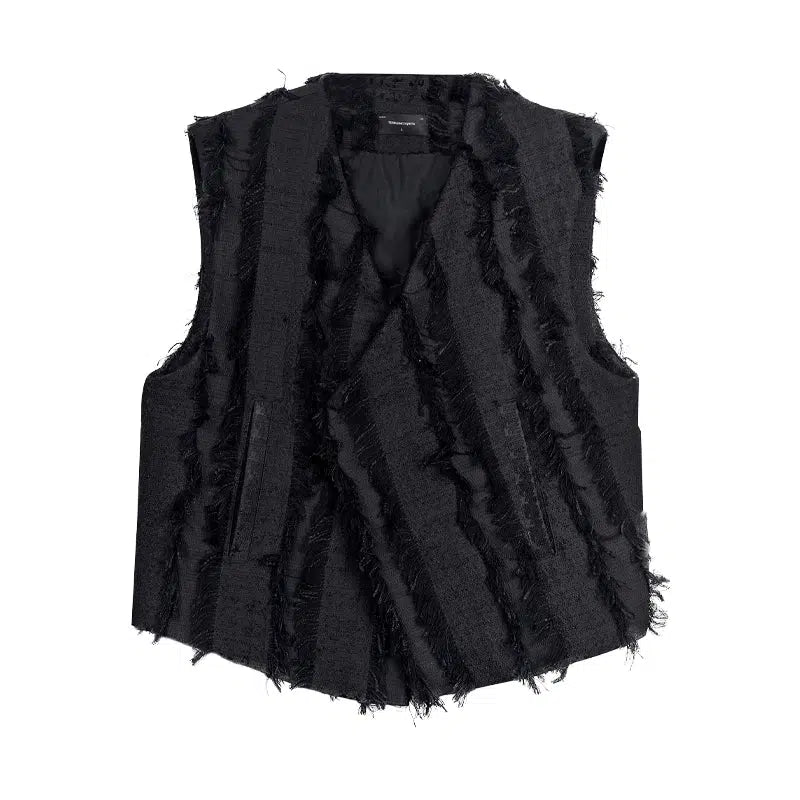 Buttoned Vest with Distressed Fuzz Lines - chiclara