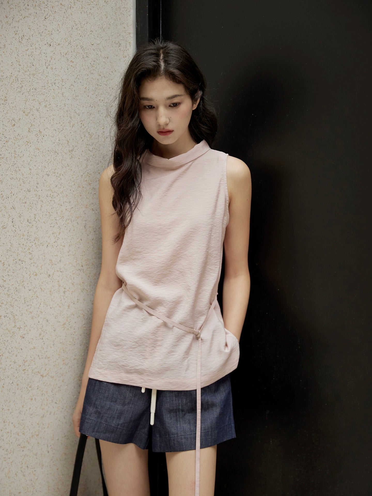 Sleeveless Light Pink Belted Top