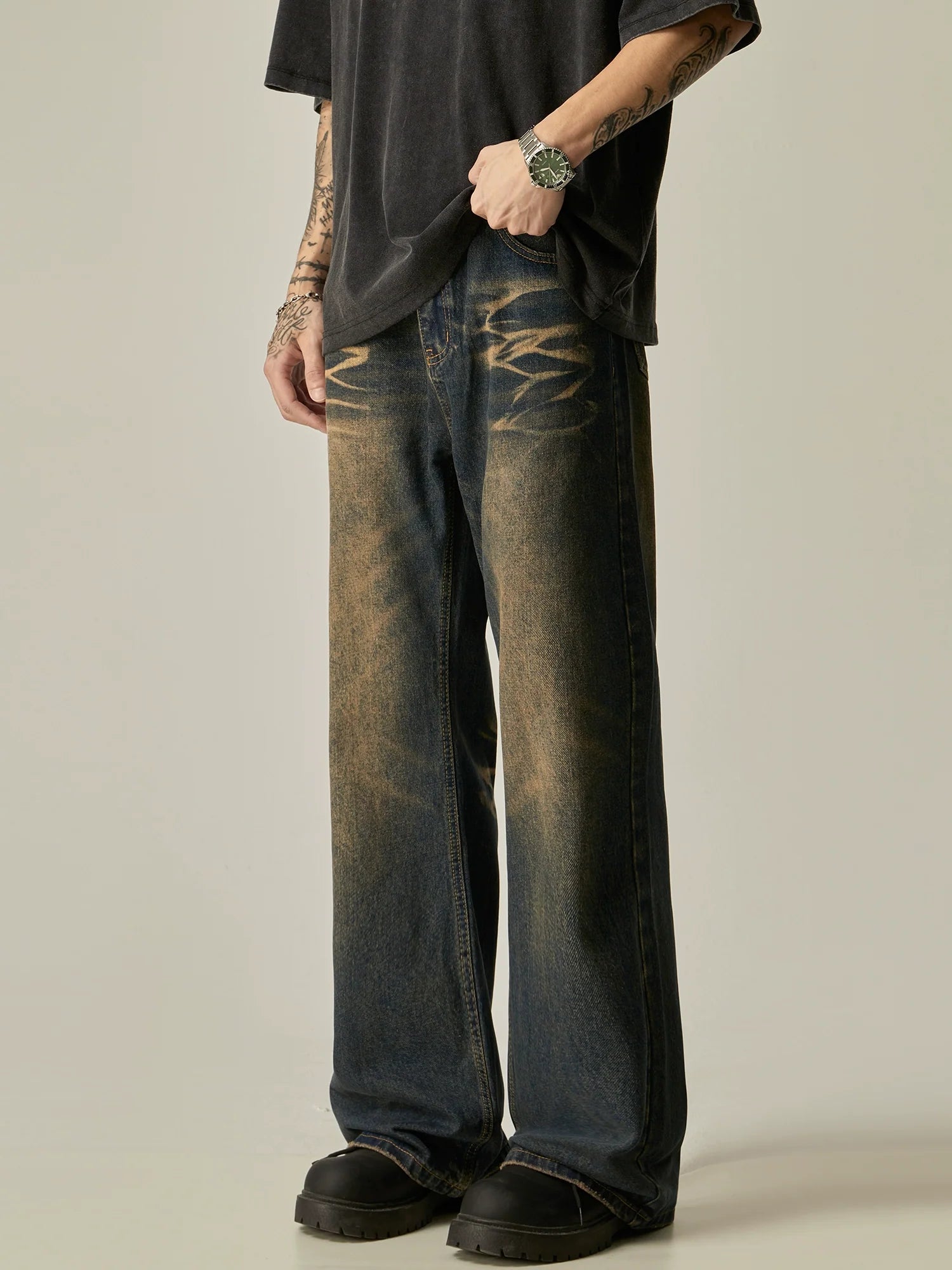 Distressed Wide-Leg Vintage Wash Jeans