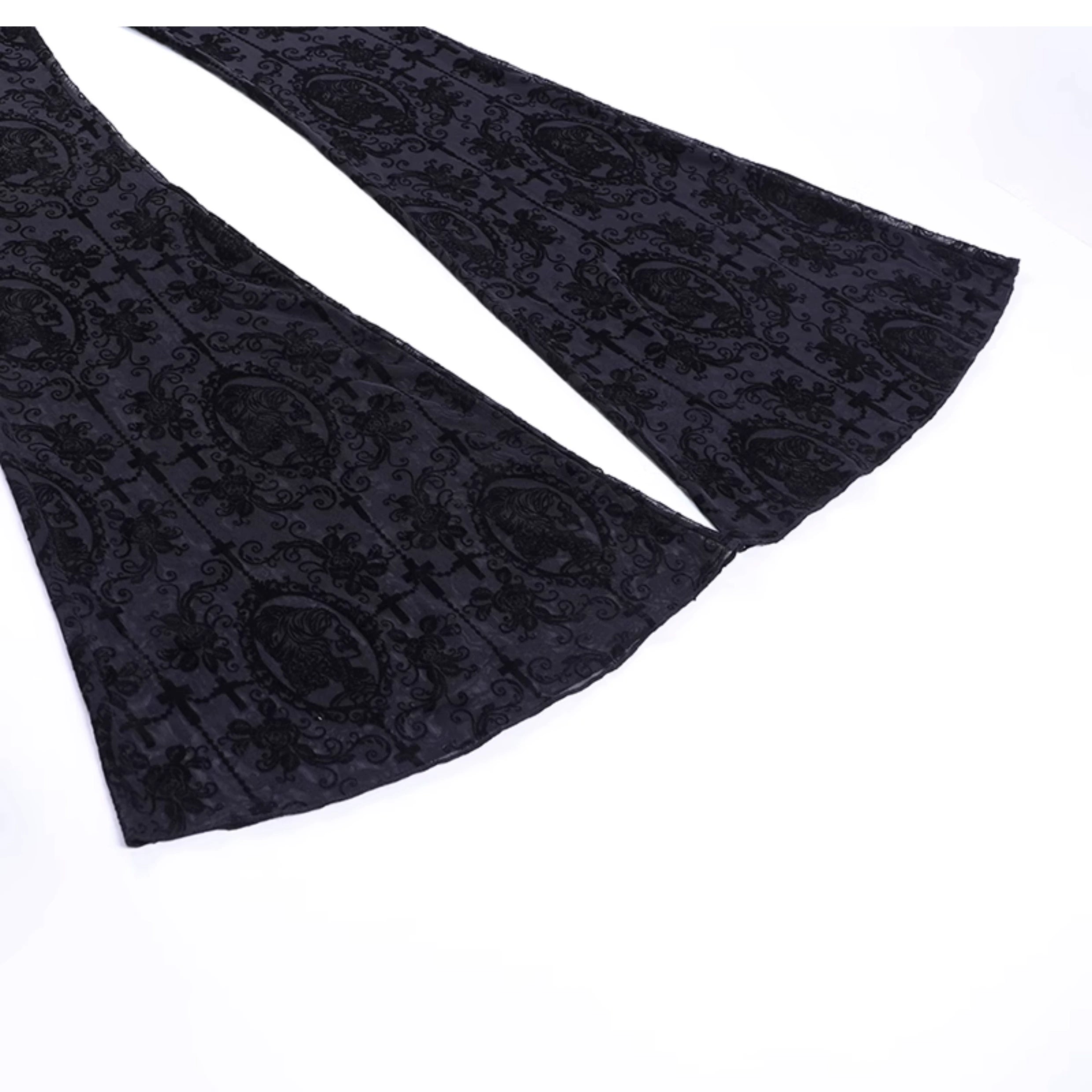 Conjunto de encaje gótico Wannathis - pantalones acampanados negros, camisol brocade y manga de campana bolero