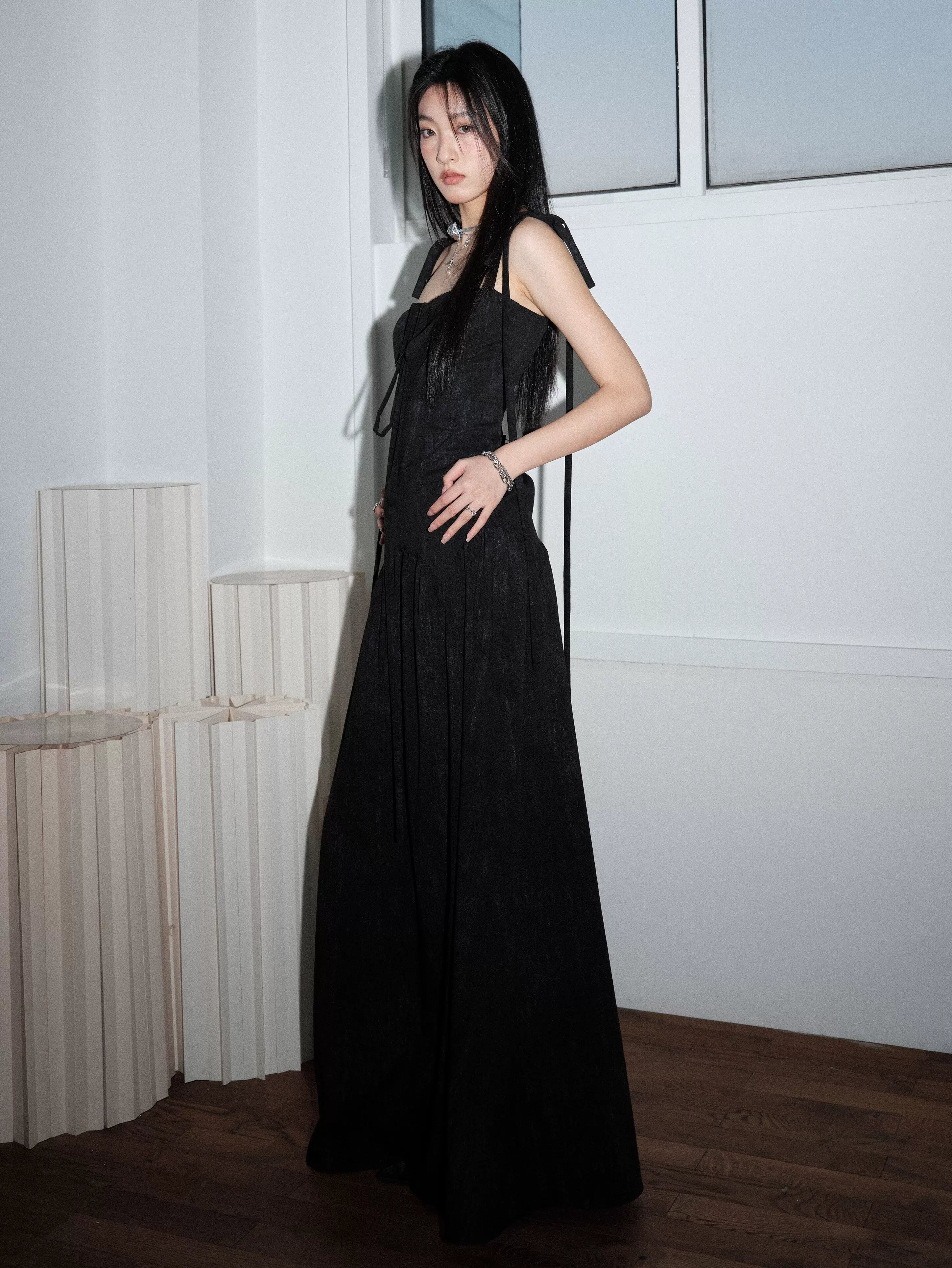 Black Ribbon-Strap Corset Maxi Dress