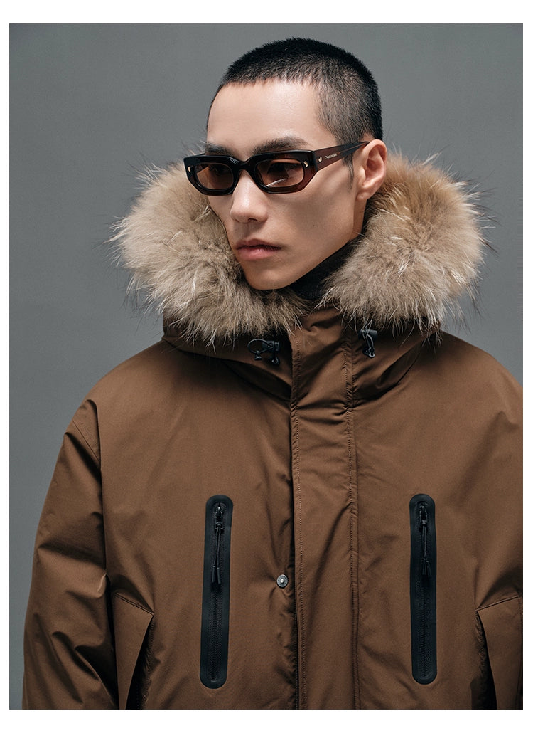 Raccoon Fur-Collar Hooded Down Coat