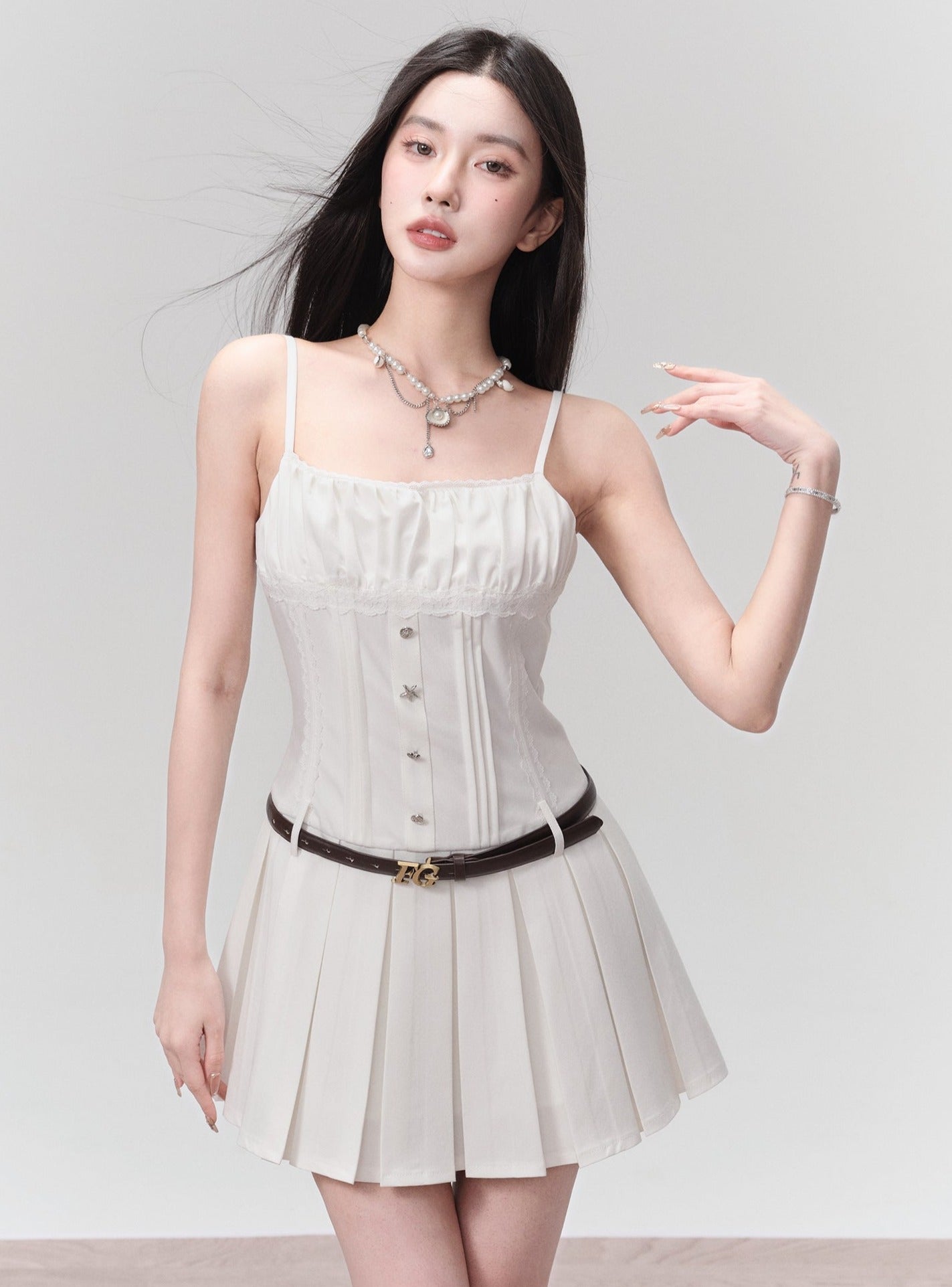 White Pleated Mini Tennis Dress with Button-Front Bodice