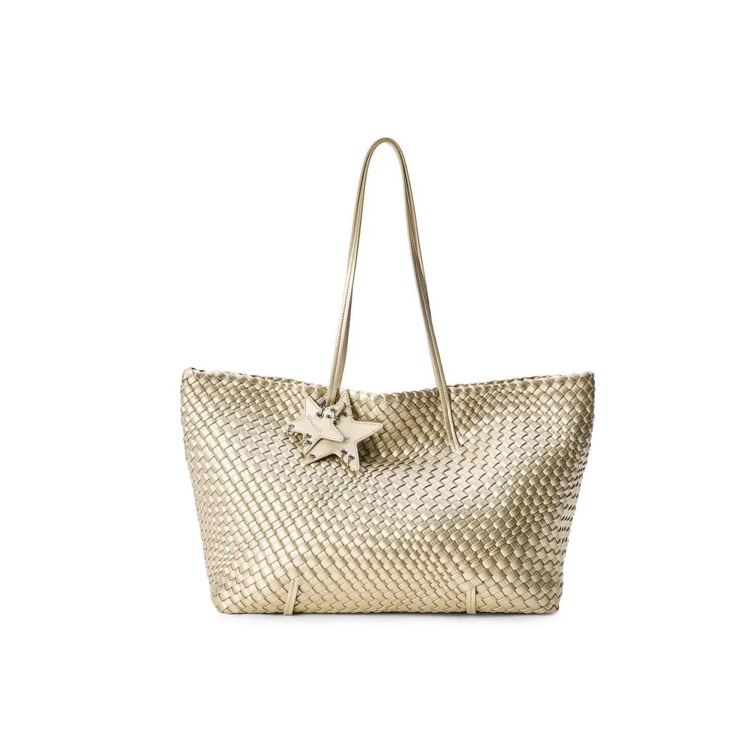Metallic Woven Wide Commuter Tote - Champagne