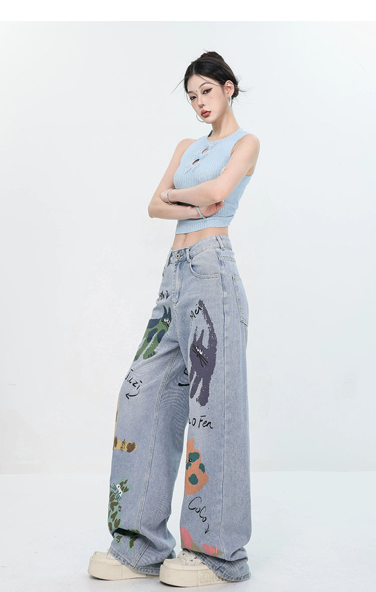 ABWEAR Whimsical Critter Doodle Wide-Leg Jeans