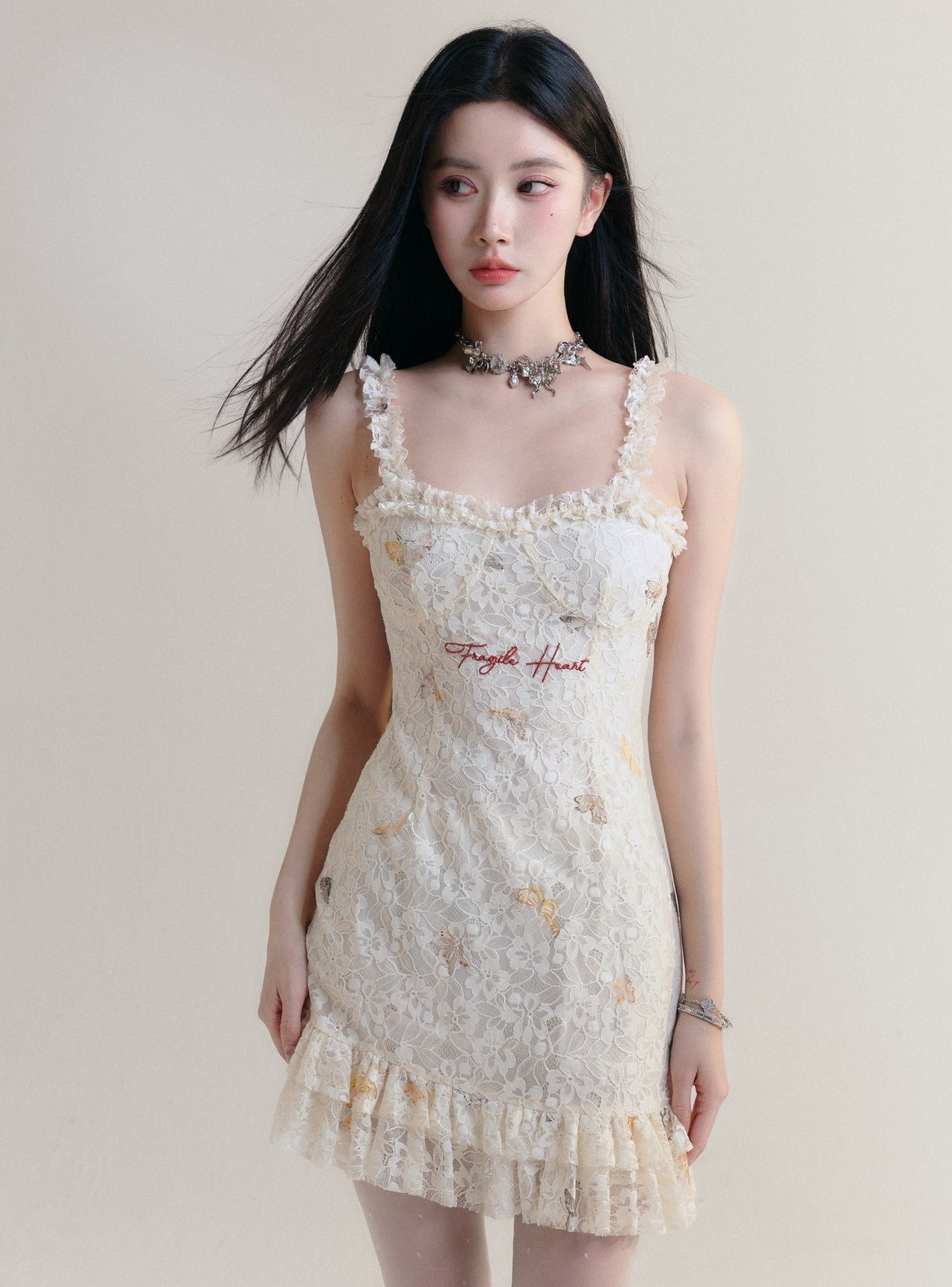 Vintage-Inspired Floral Lace Mini Dress with Ruffle Trim