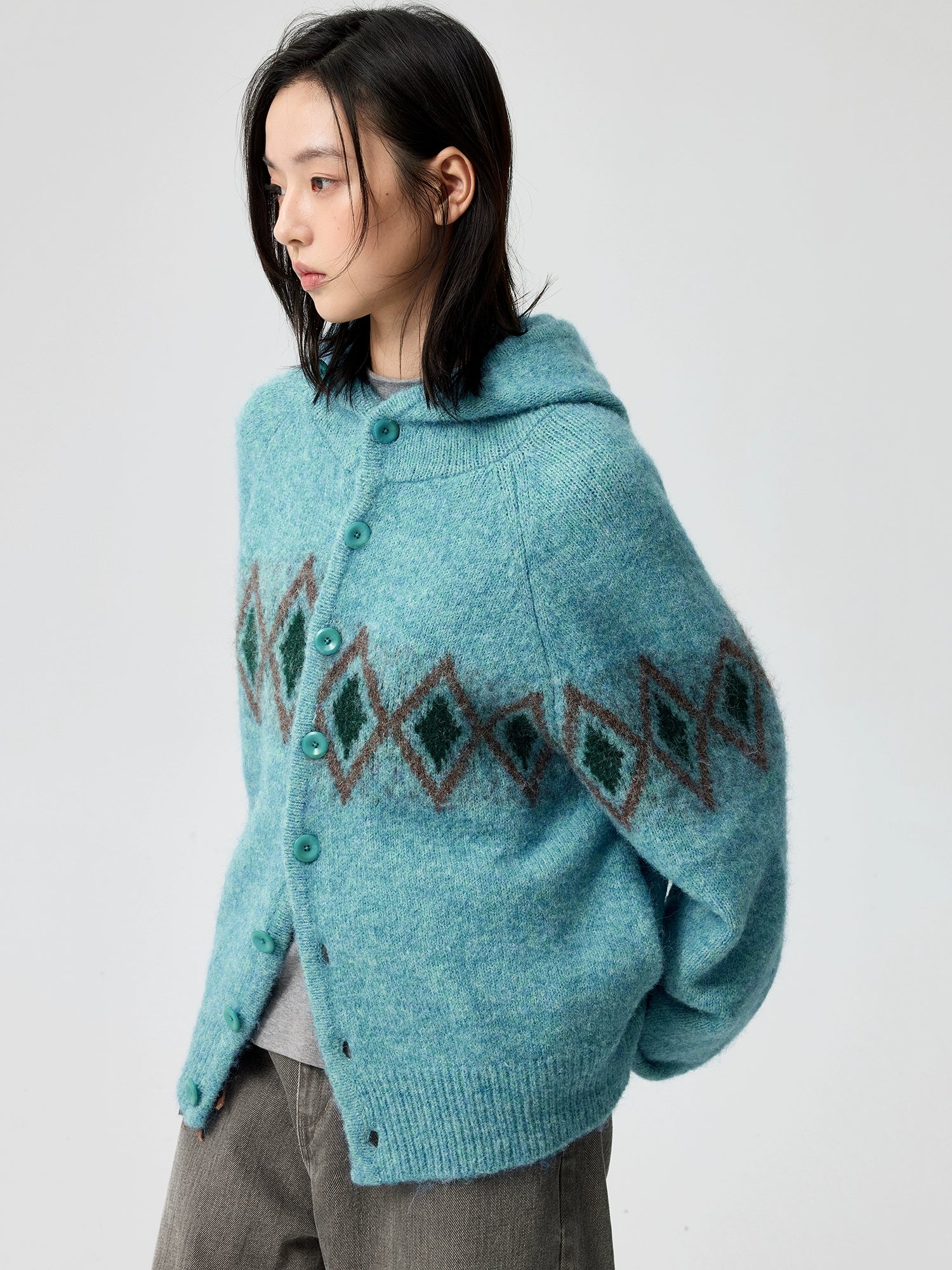 Diamond Pattern Hooded Wool Cardigan