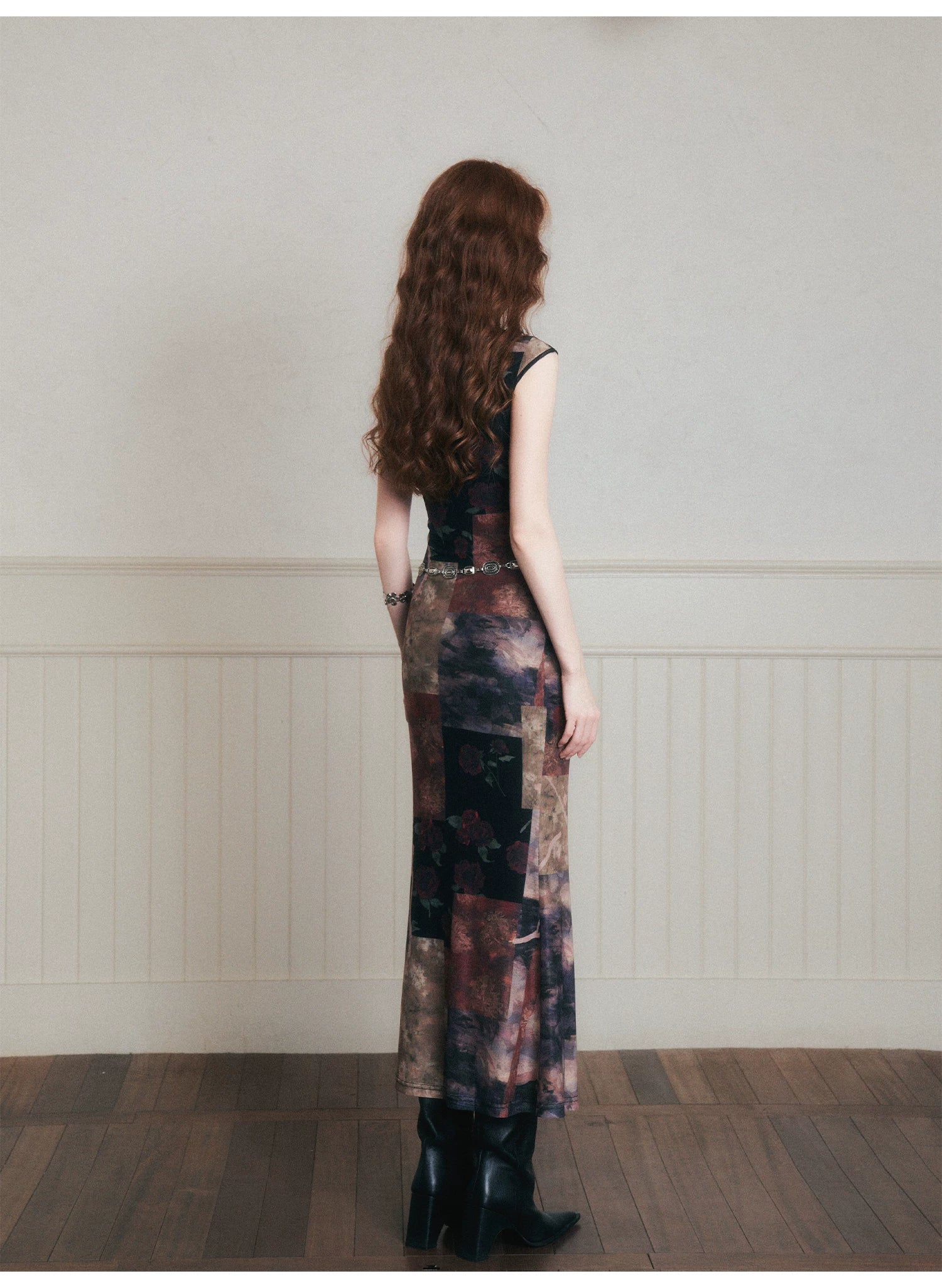 Vintage Noir Patchwork Cheongsam Maxi Dress