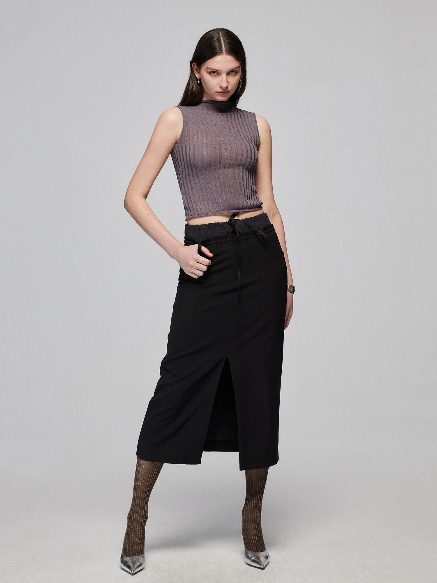 Layered Waist Front-Slit Midi Skirt