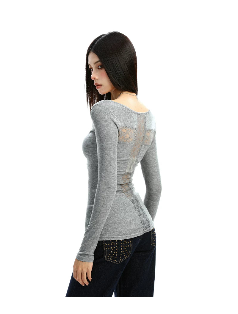 Lace Veil Scoop Neck Long Sleeve Top