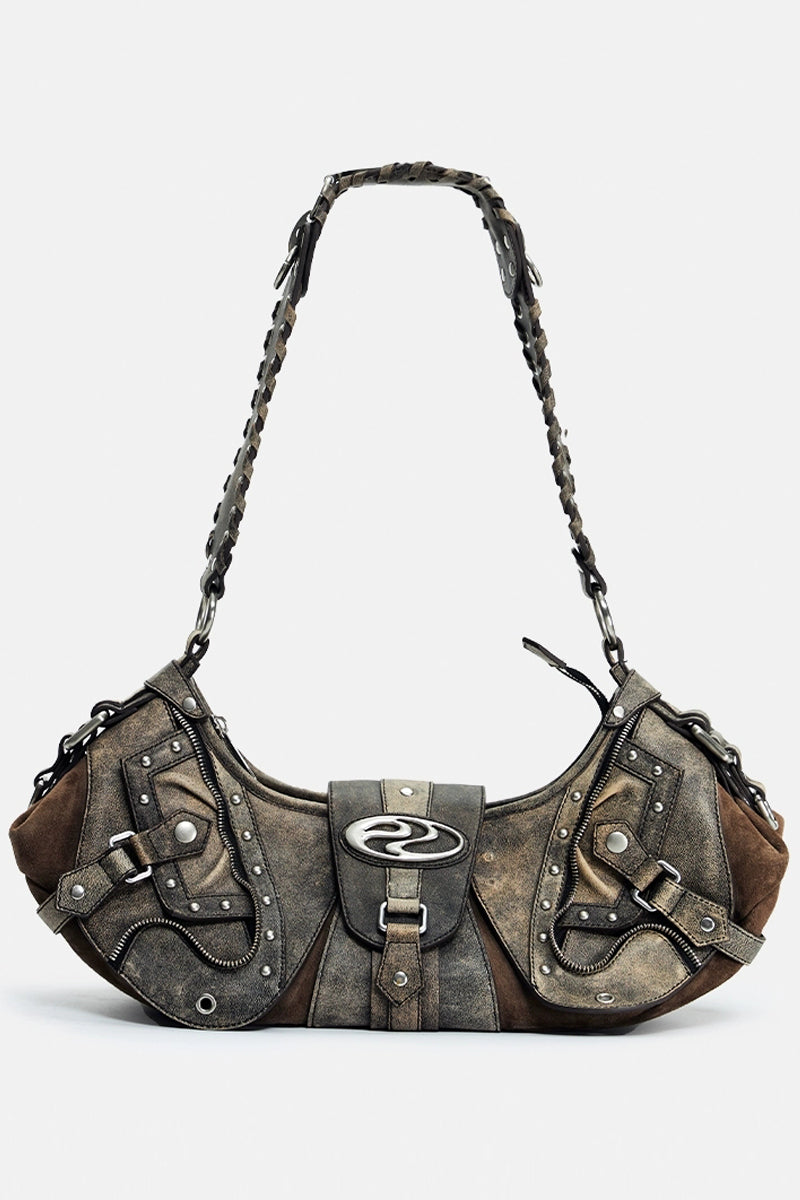 Crackle Chain Studded Hobo Bag