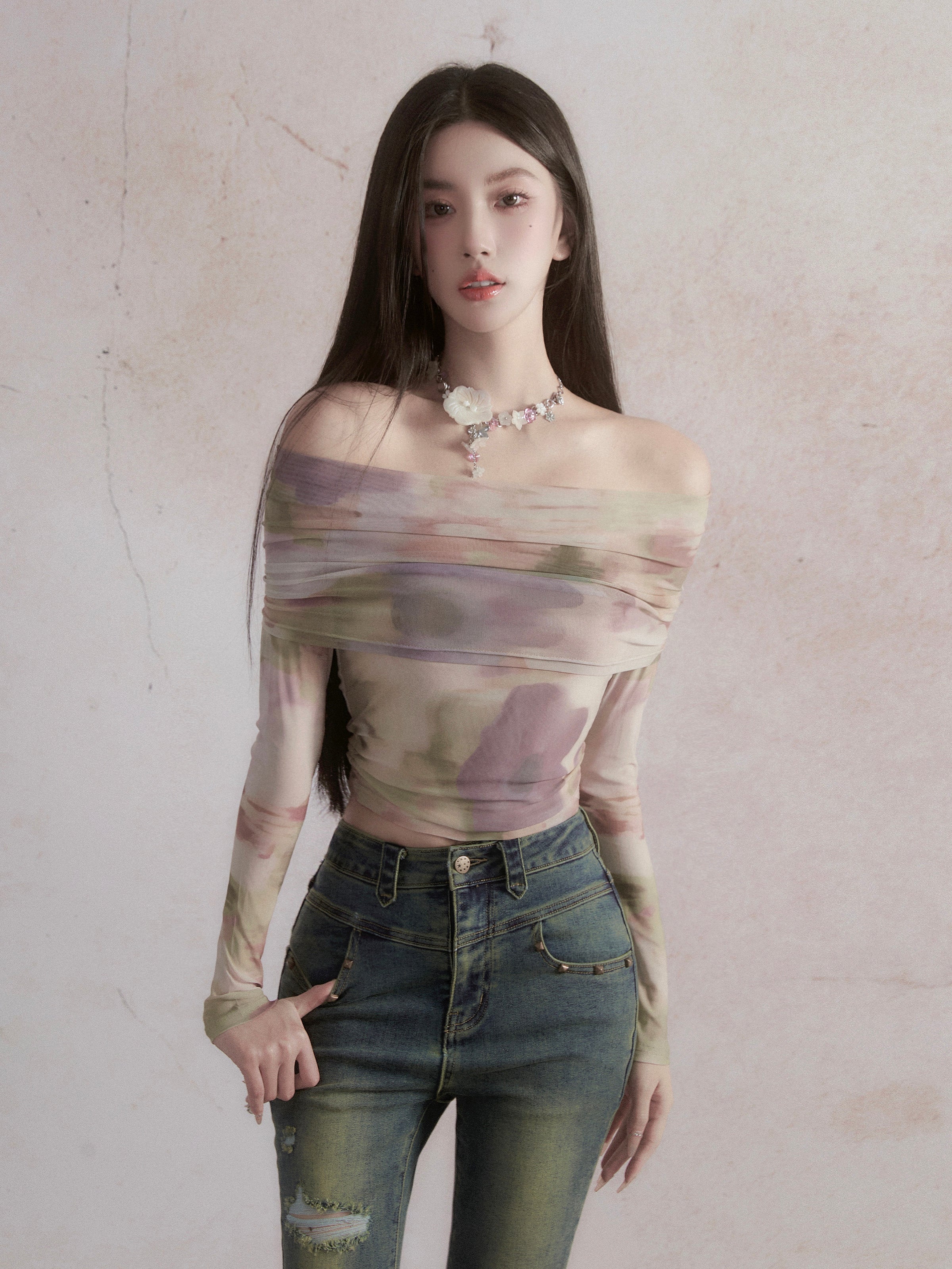 Watercolor Dream Off-Shoulder Crop Top