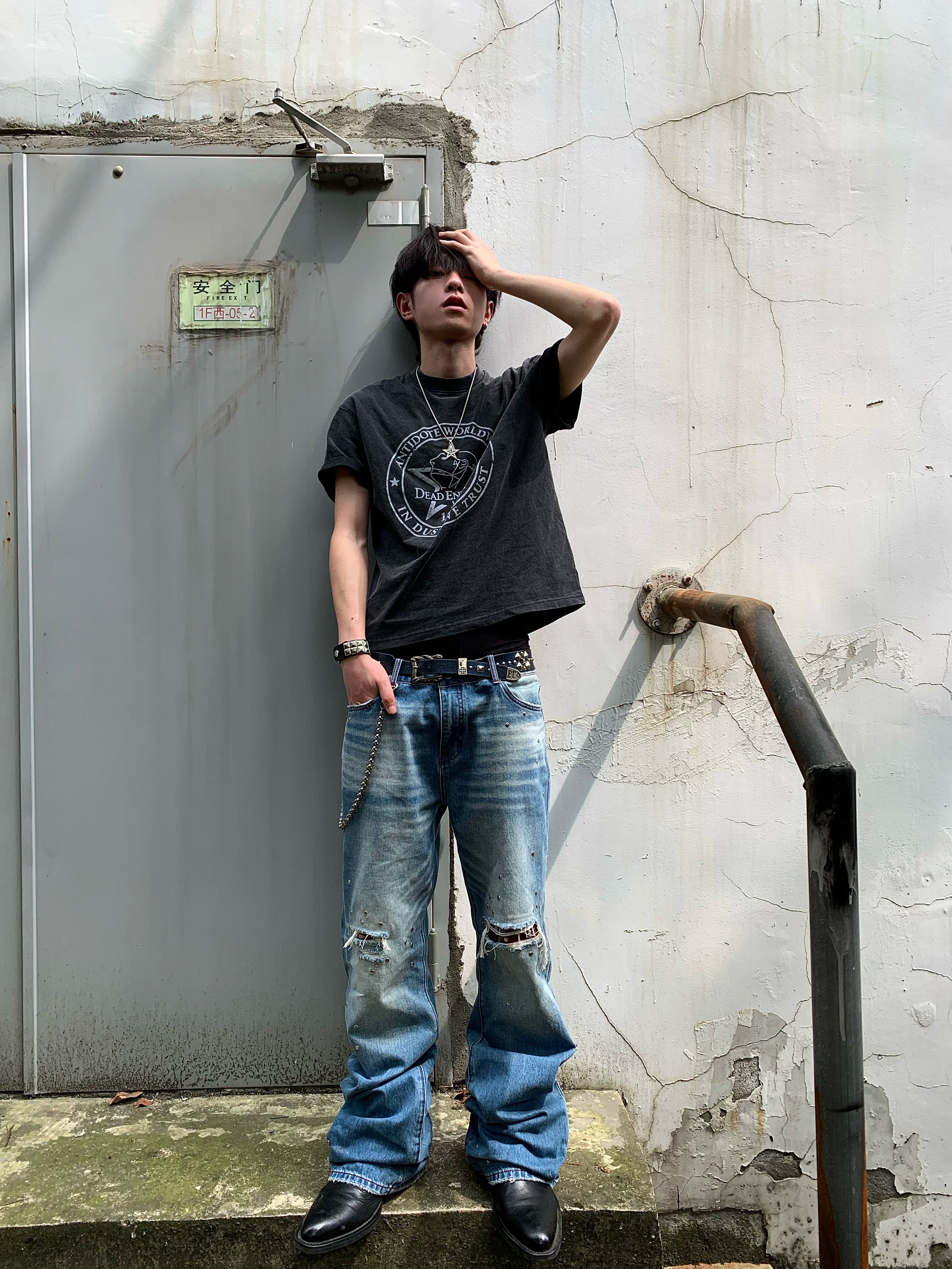Studded Plaid‑Patch Light Wash Street Jeans