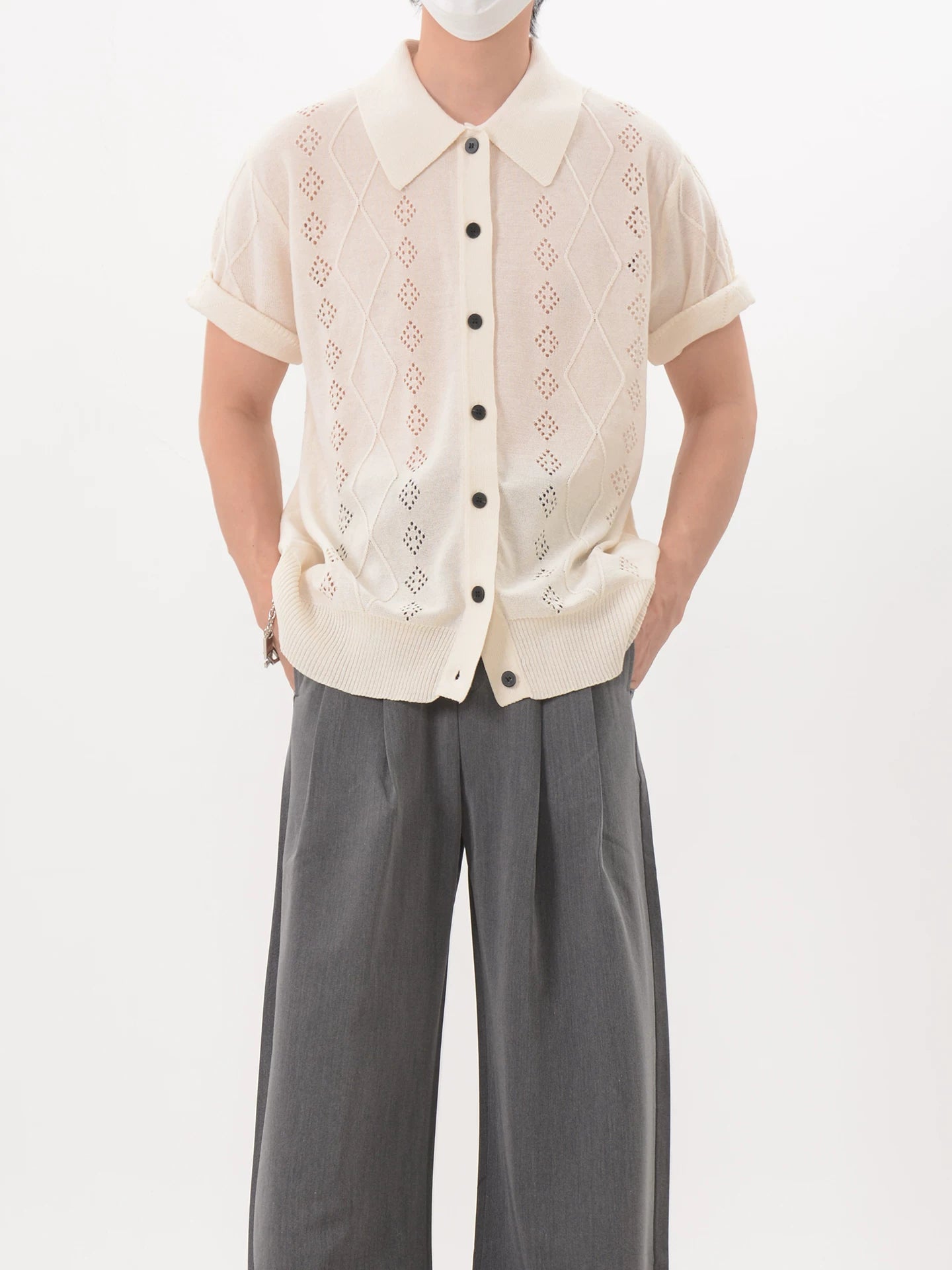 Lattice Knit Polo Cardigan