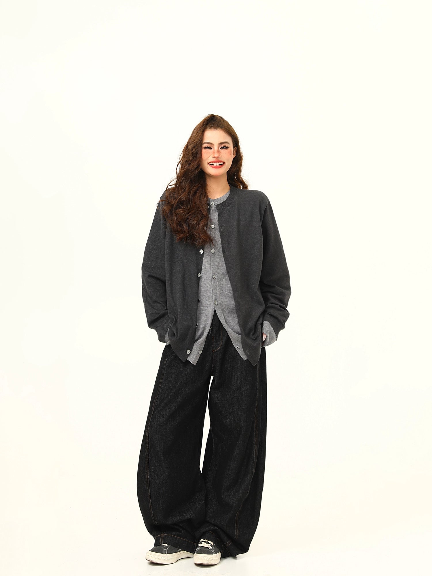 Two-Tone Gray Asymmetric Button Cardigan