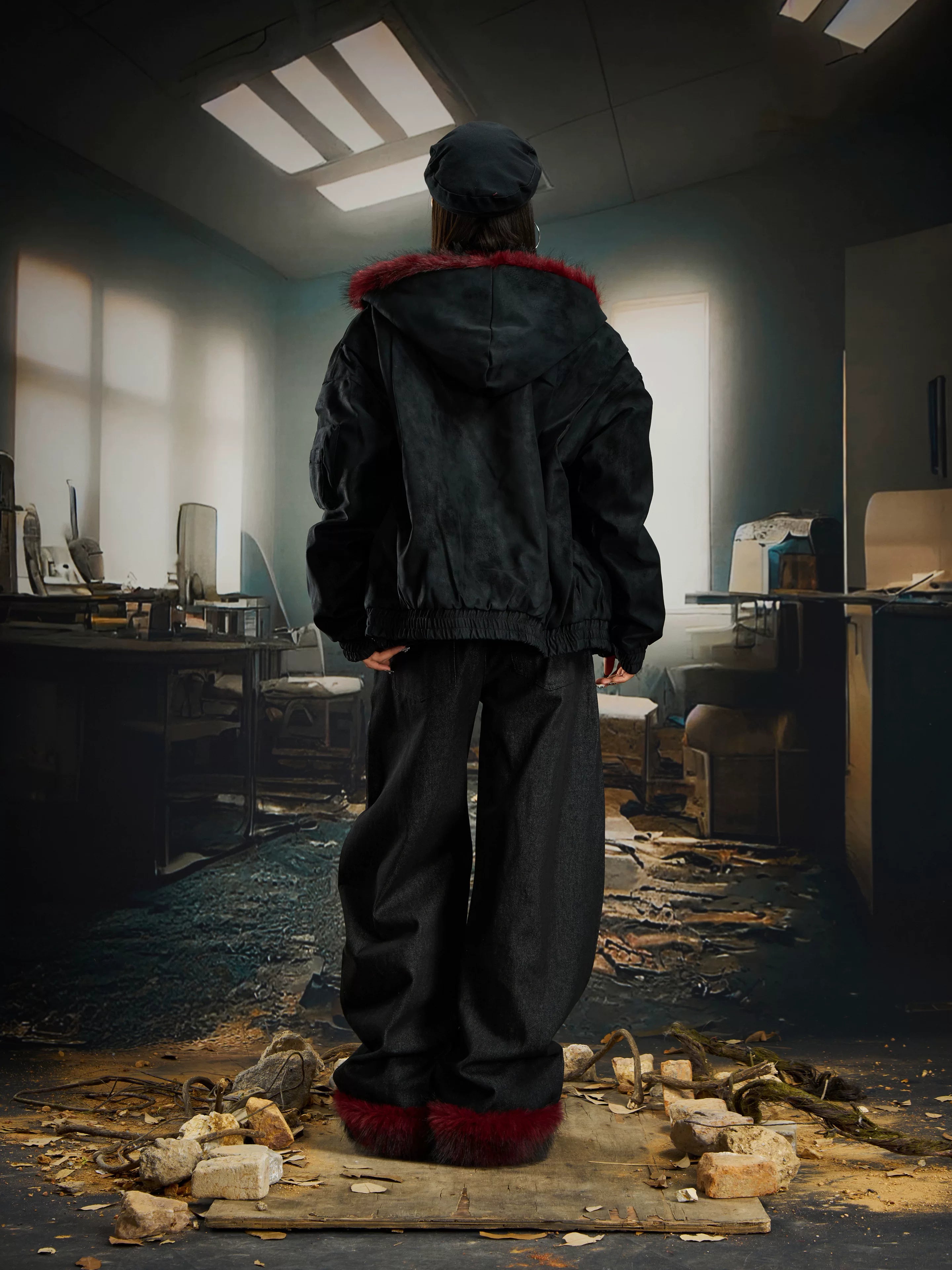 Crimson Howl Fur‑Hood Rebel Jacket