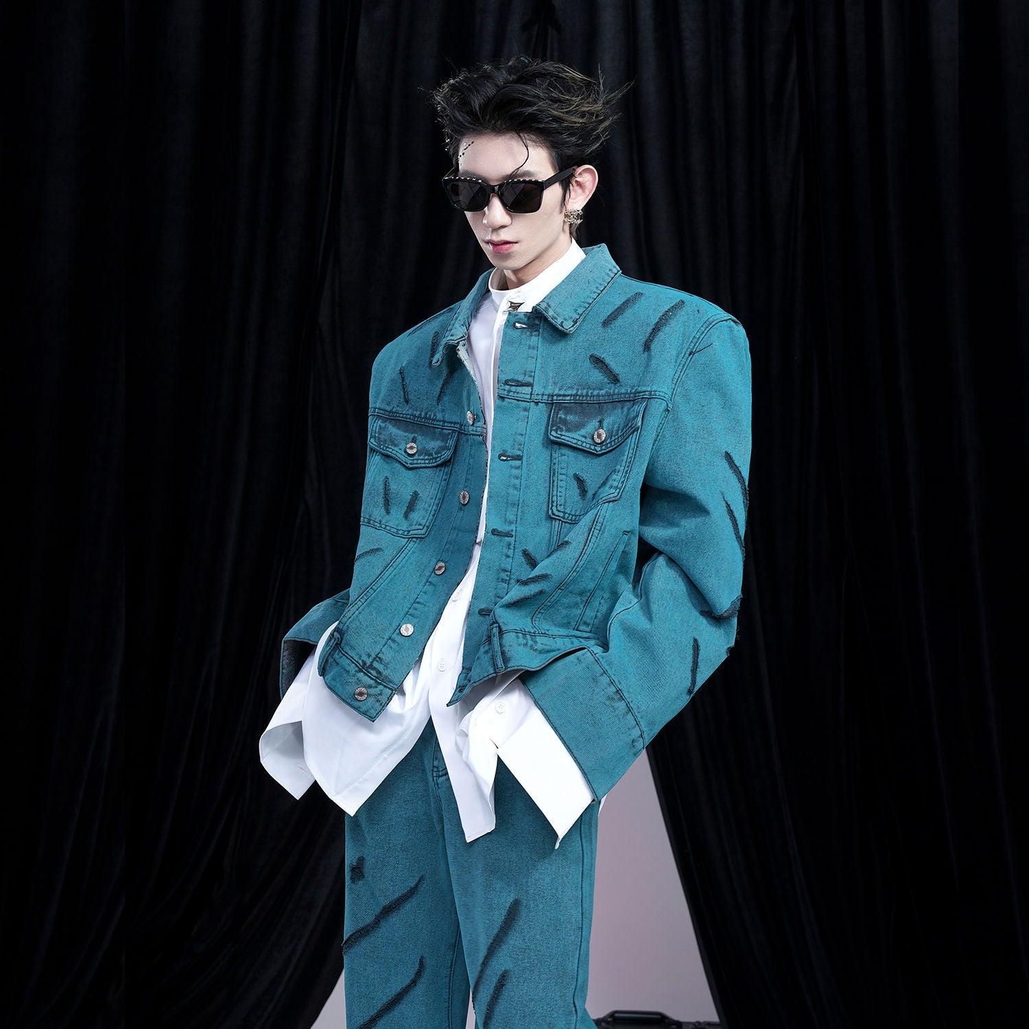 Teal Denim Jacket and Flare Jeans Setup