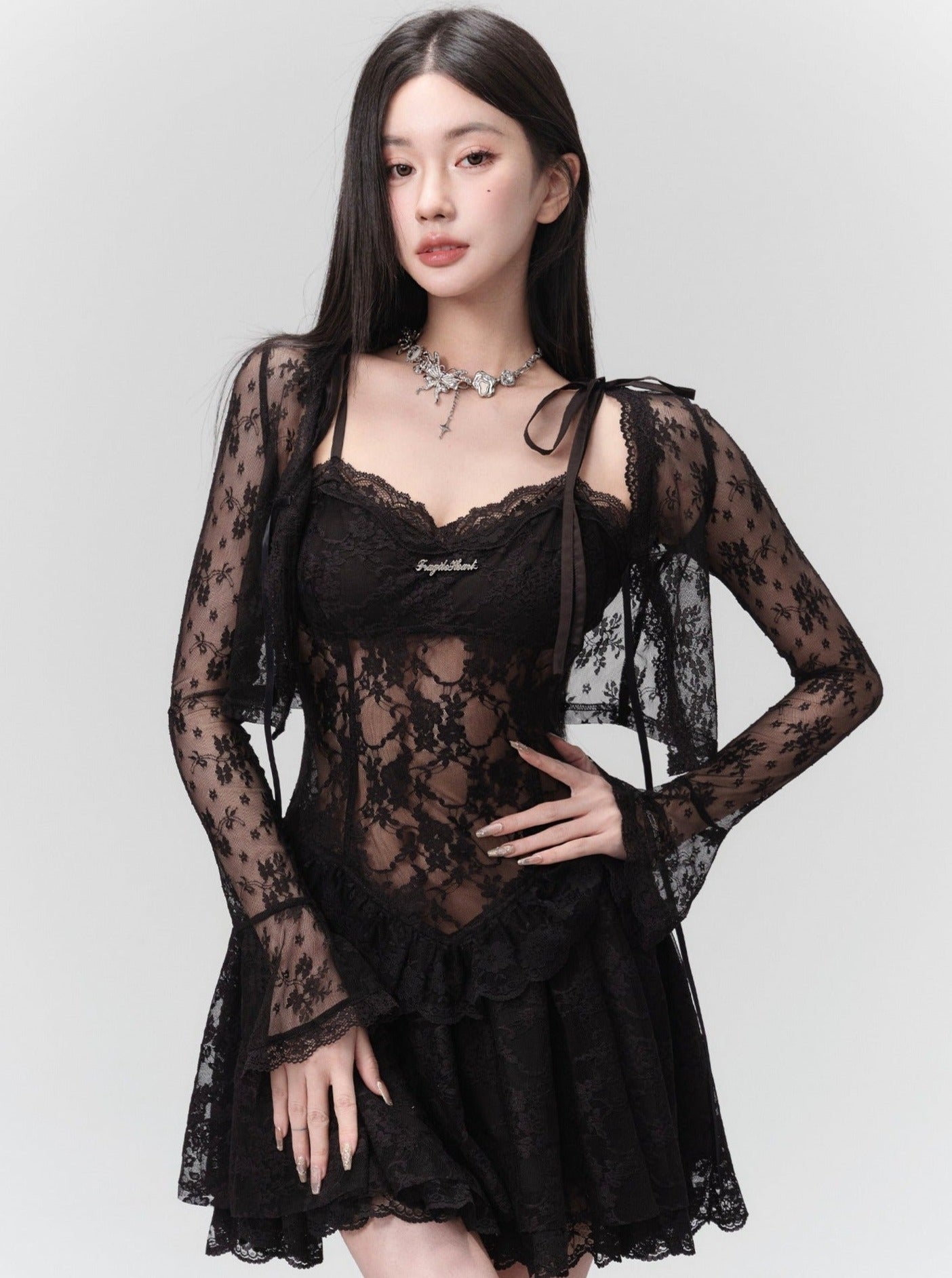 Seductive Black Lace Corset Mini Dress with Tie Straps