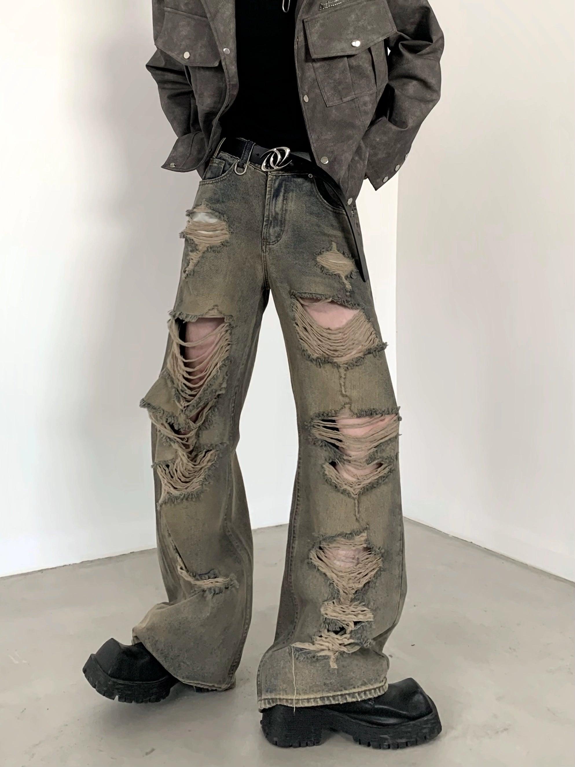 Heavily Distressed Wide-Leg Cargo Pants