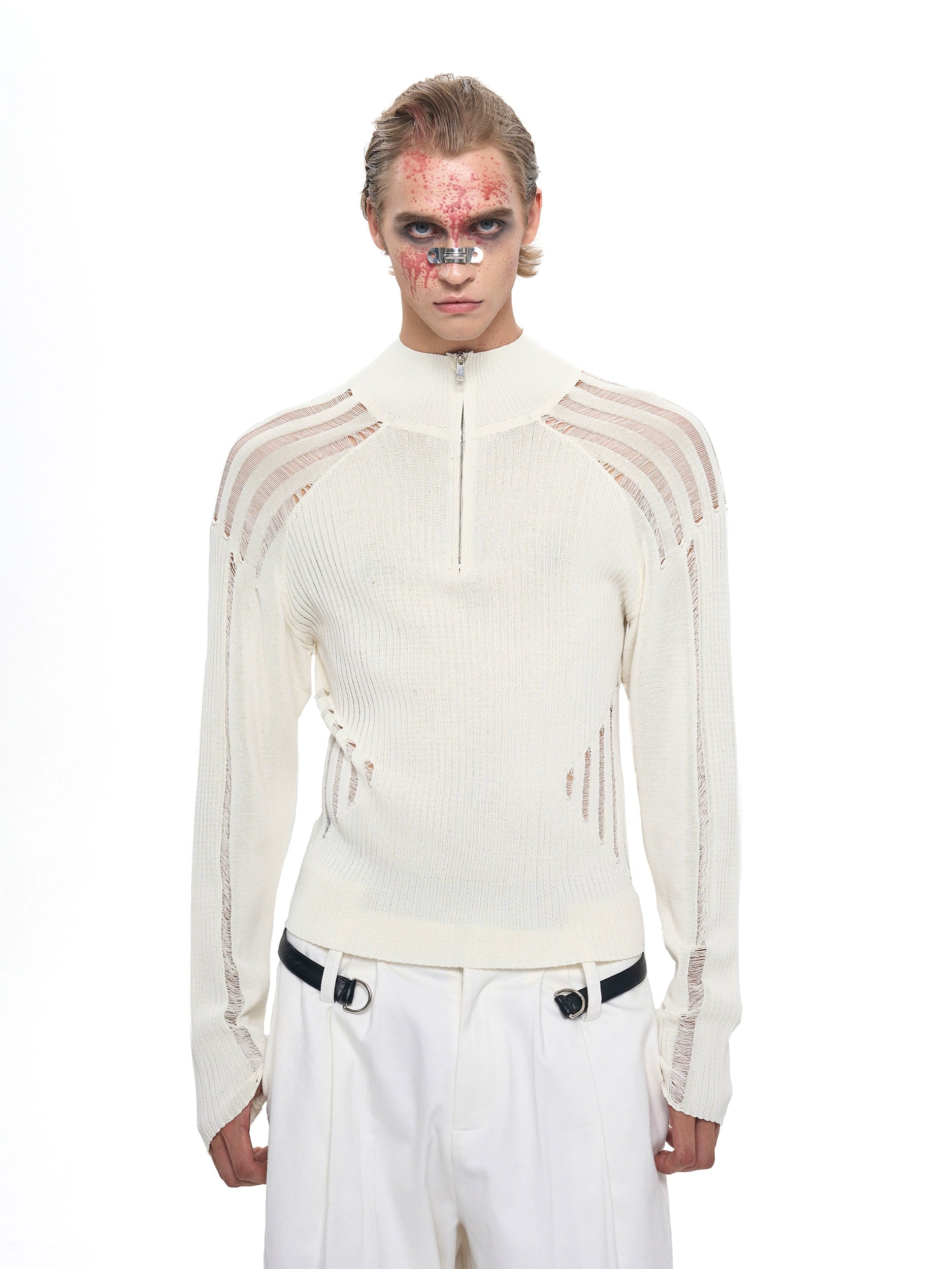 Sheer Panel Ribbed Knit Sweater