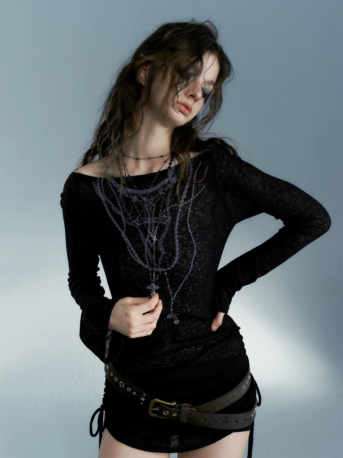 Strike A Pose Women'S Gothic Necklace Print Top - Long Sleeve Ruched Side-Tie Boat Neck Blouse In Black Semi-Sheer Knit