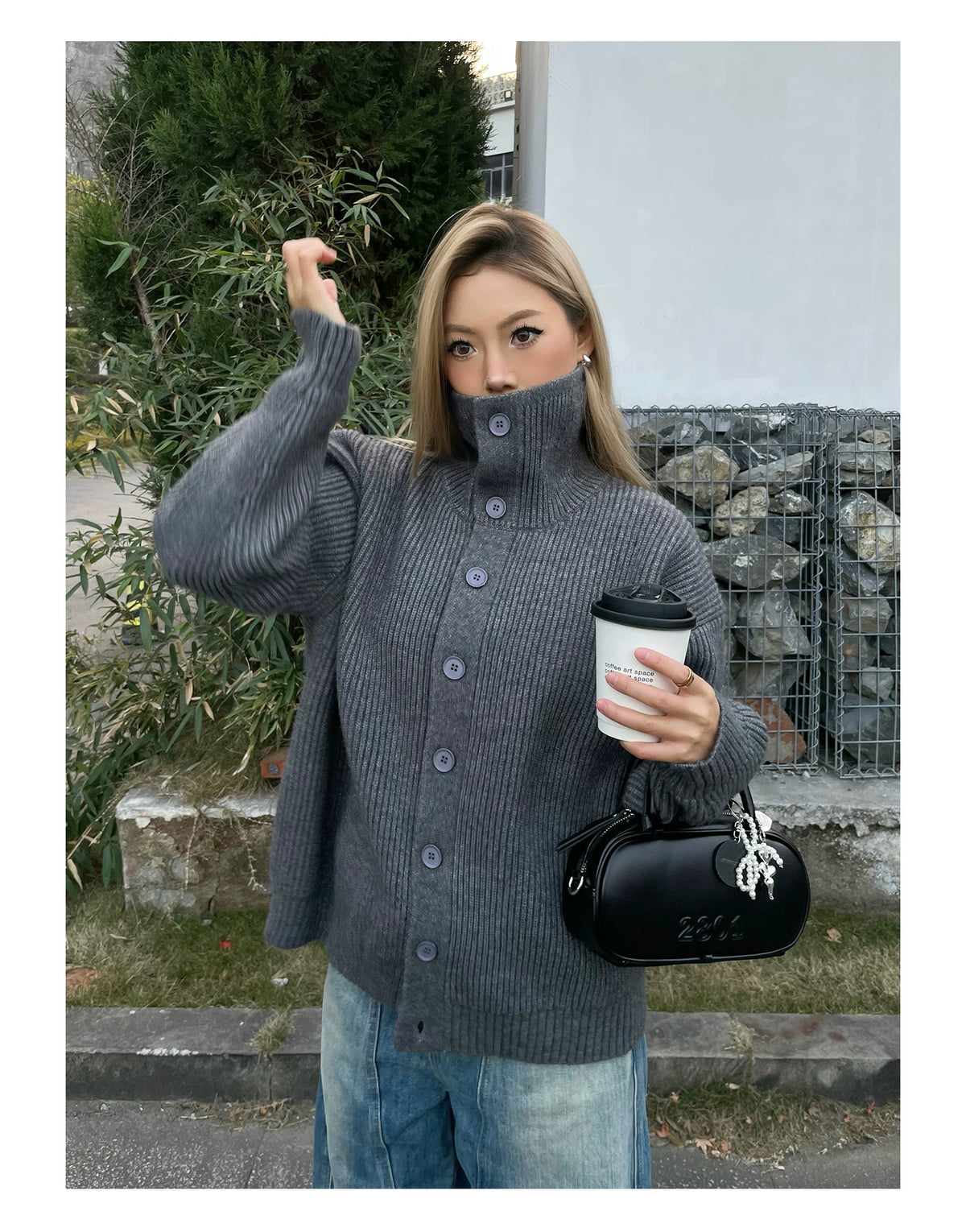 Bennett High-Neck Ribbed Knit Cardigan
