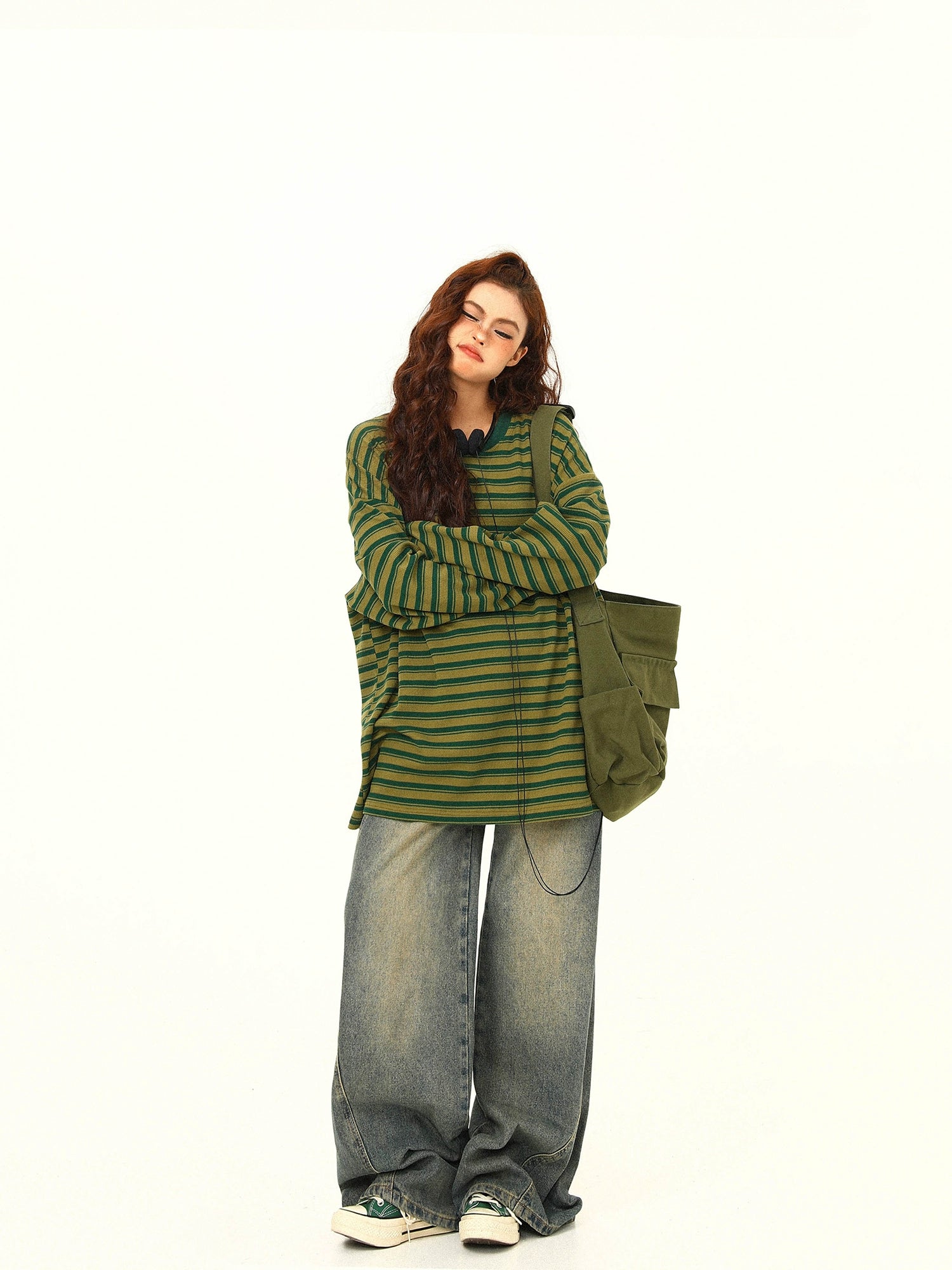 Green and Yellow Striped Oversized Long Sleeve Tee
