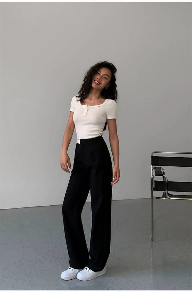 High-Waist Loose Wide-Leg Suit Trousers - chiclara