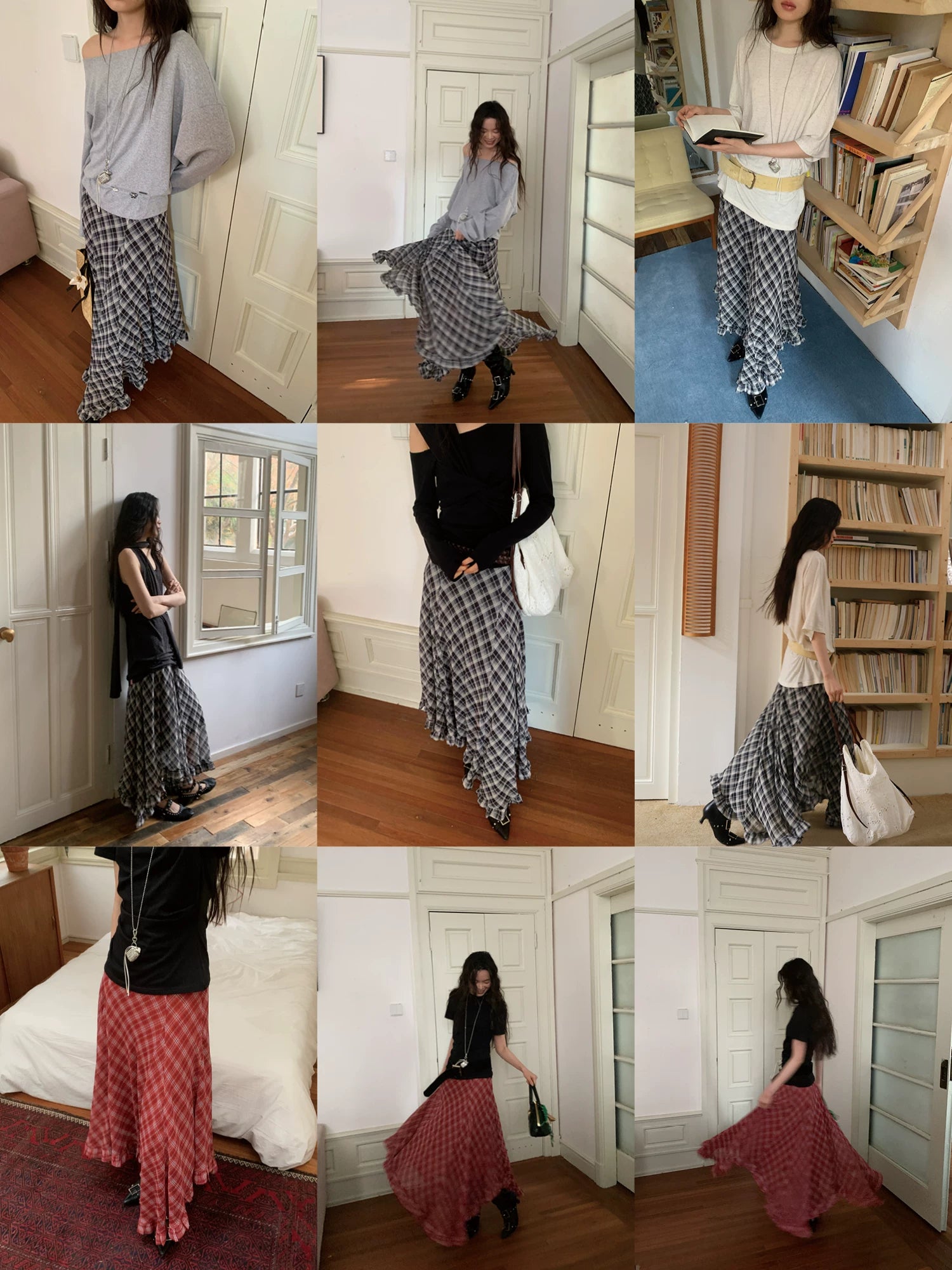 Plaid Chiffon Asymmetric Hem Skirt - styling collage