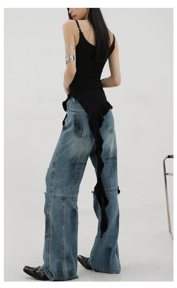 Vintage Distressed And Dirt-Dyed Patchwork Wide-Leg Jeans - chiclara