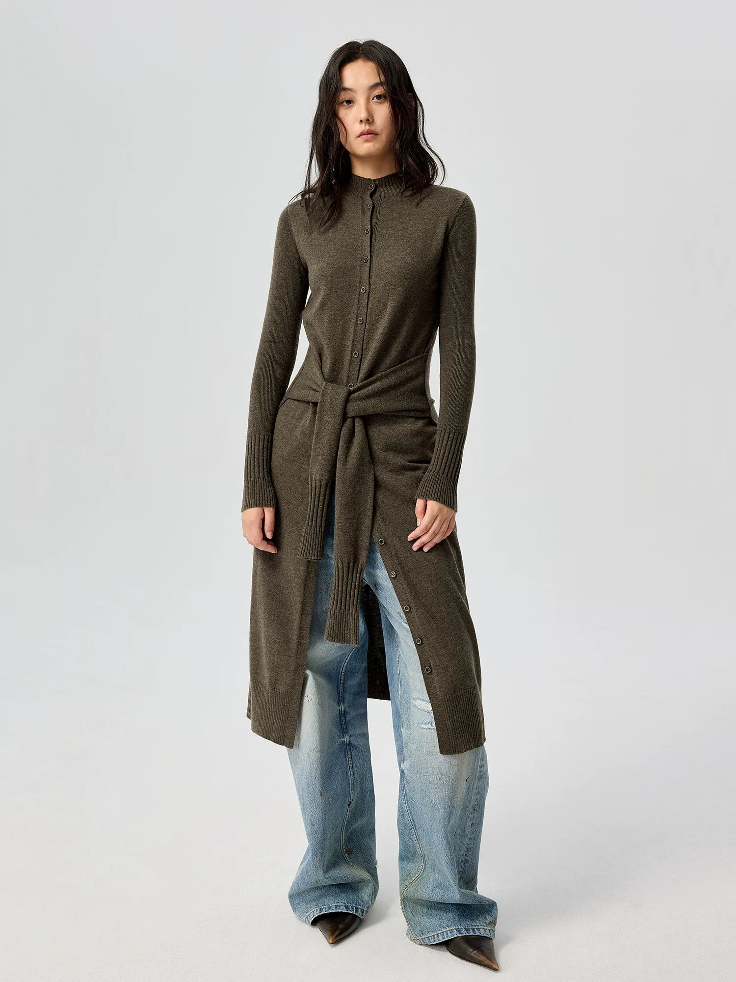 Button-Front Knit Midi Dress with Waist Tie