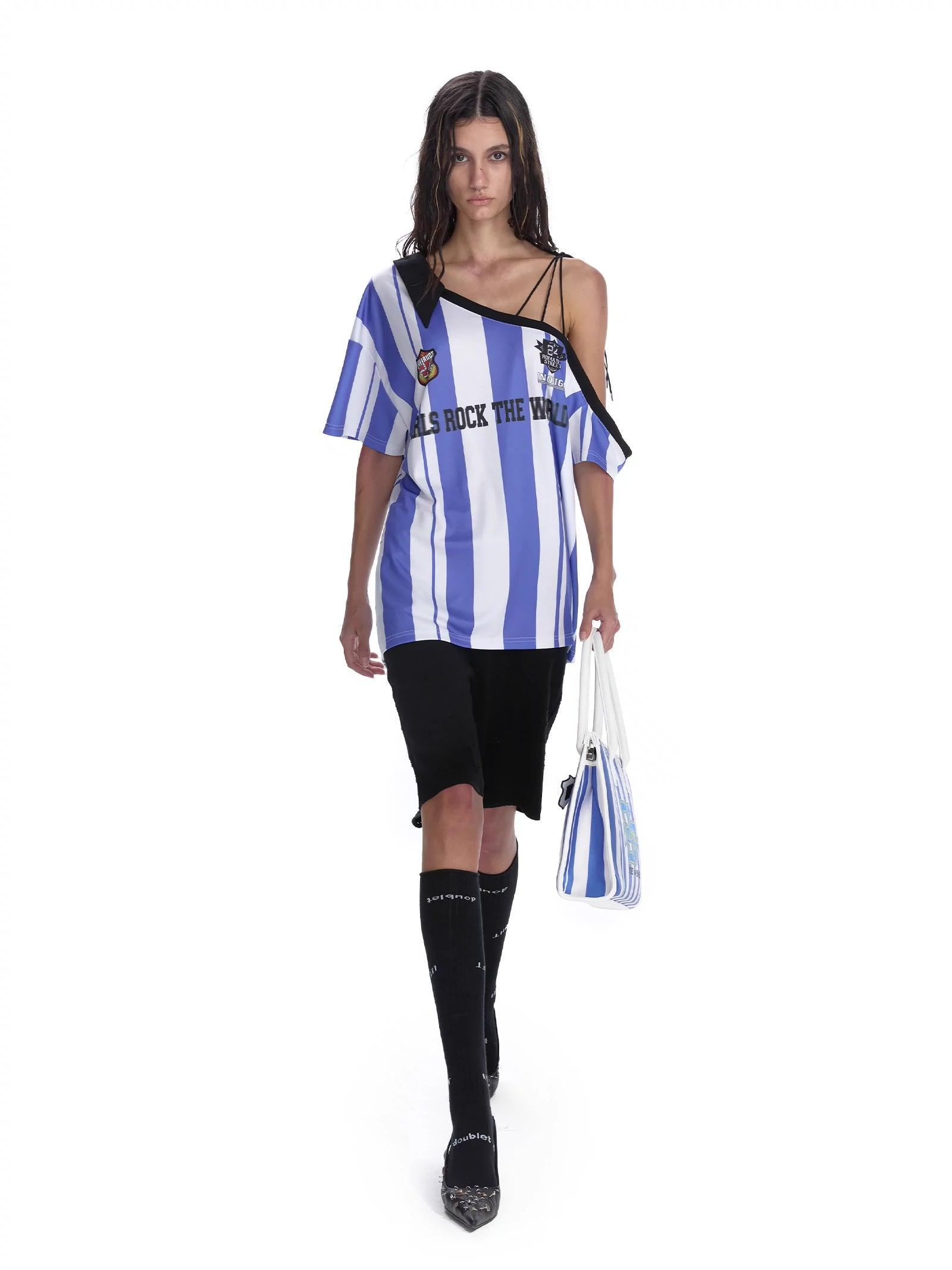 24Ans Striped Off-Shoulder Soccer Jersey - Unisex Asymmetric One-Sleeve Sports Top