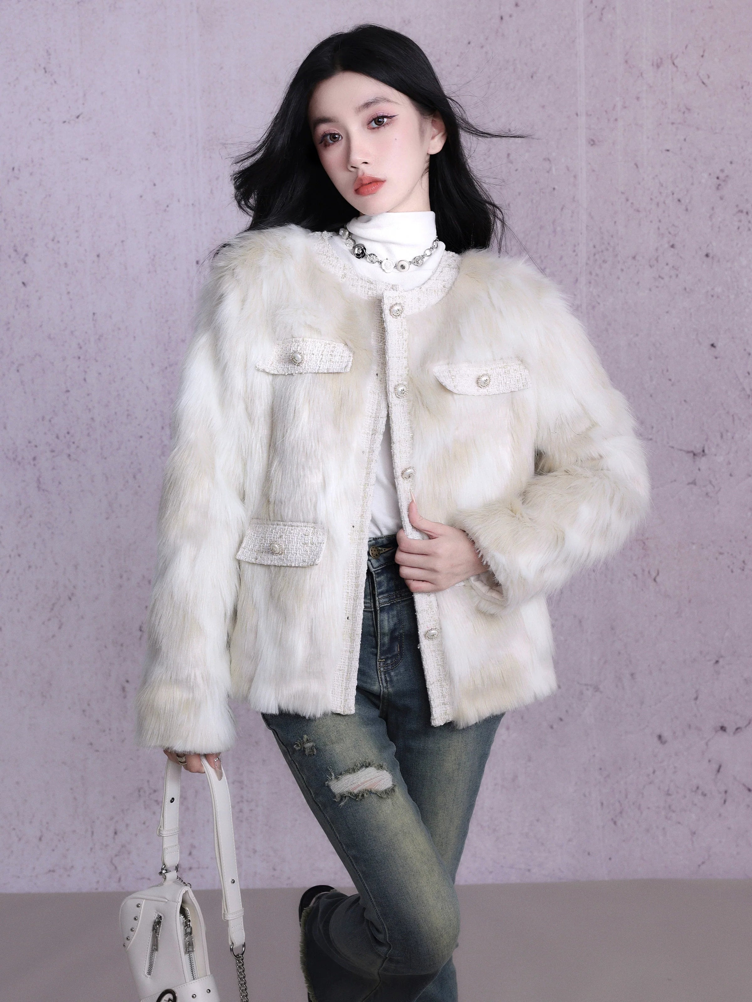 Luxe Faux Fur Collarless Jacket with Multi-Pocket Detail - Winter White