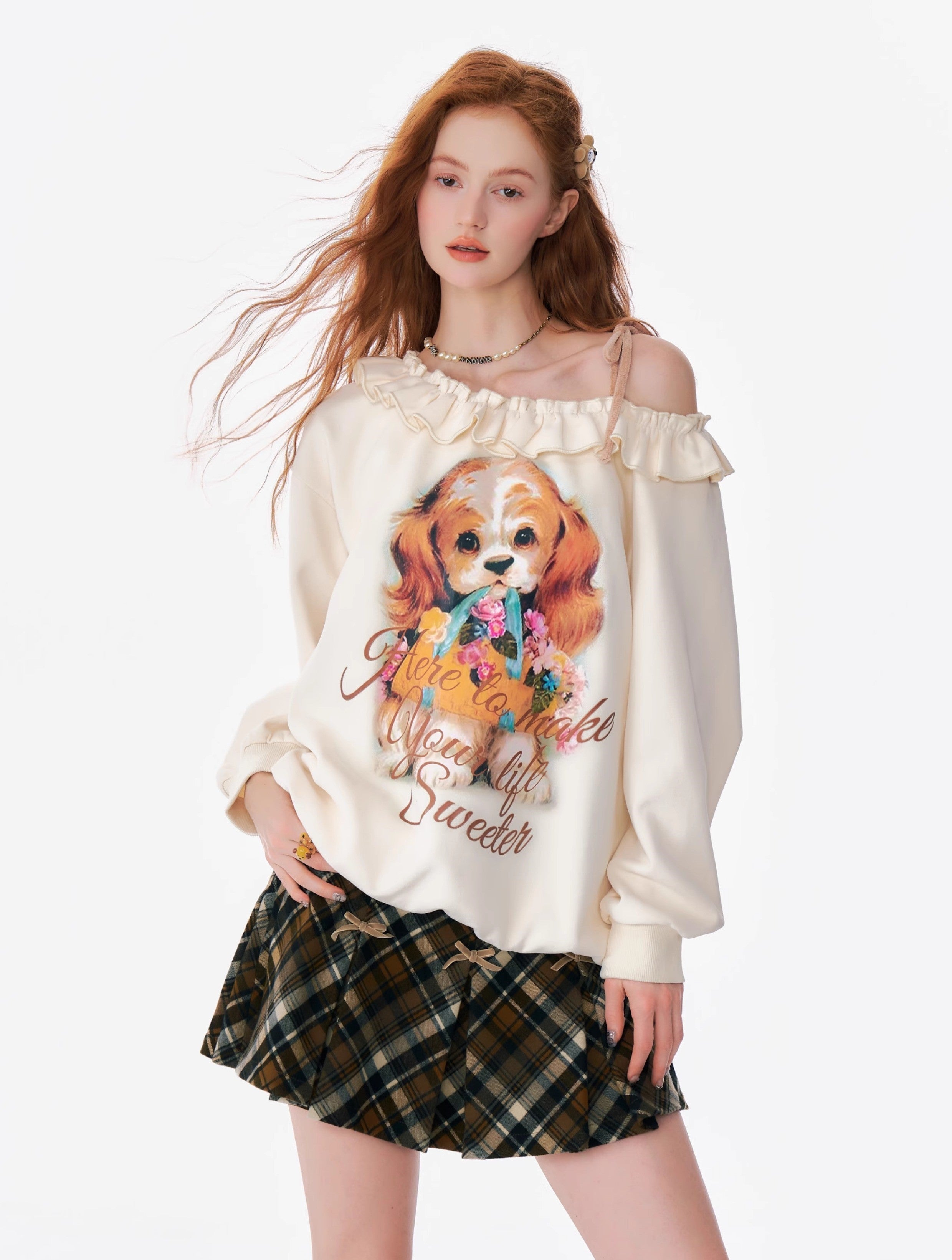 Puppy Print Cold Shoulder Sweatshirt