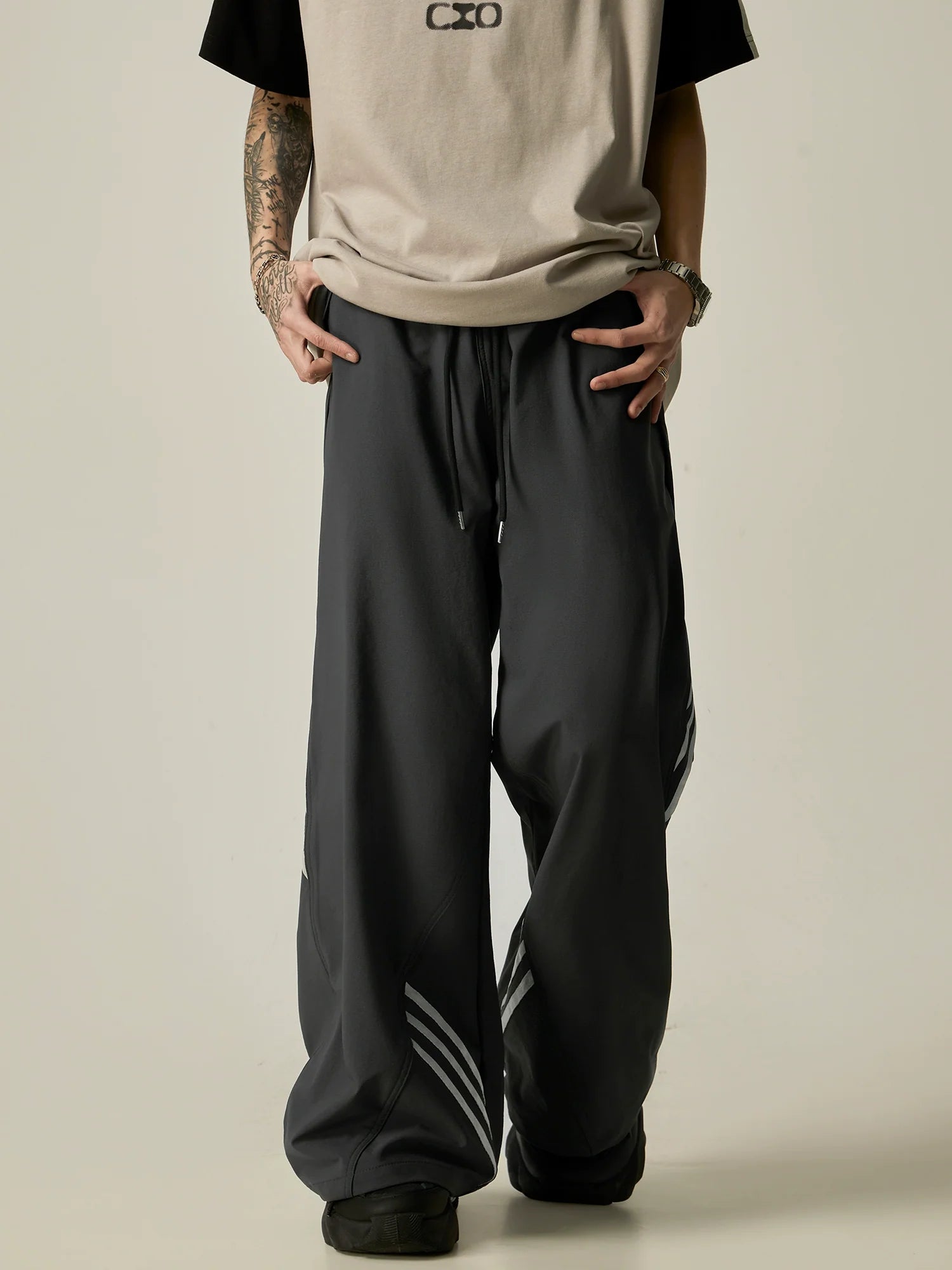 Wide-Leg Drawstring Track Pants with Contrast Stripes