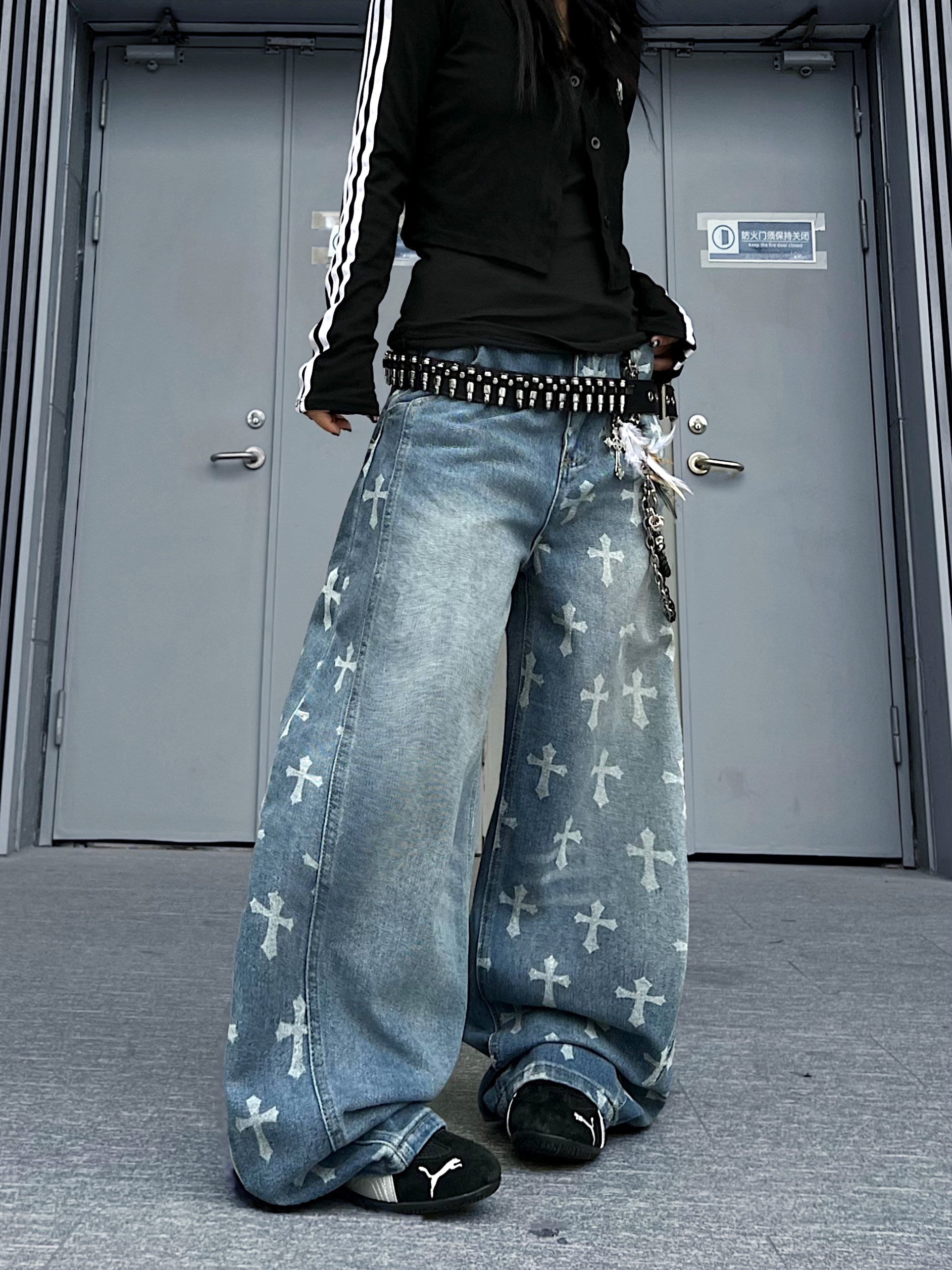 Men's Cross-Print Washed Curved Draped Wide-Leg Jeans