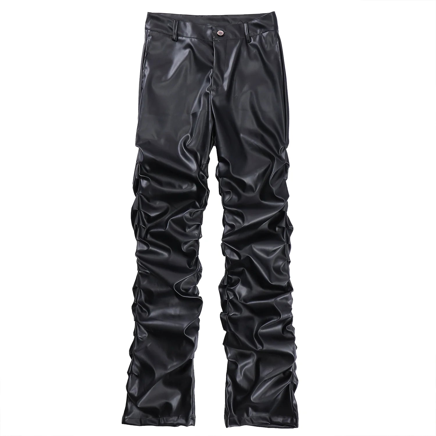 Glossy Wrinkled PU Stacked Wide-Leg Pants
