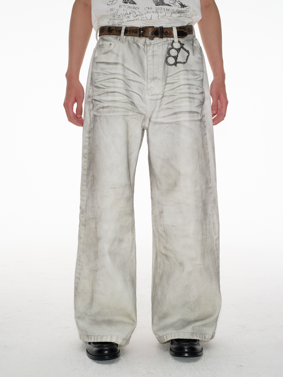 Faded White Ruched-Front Wide-Leg Jeans
