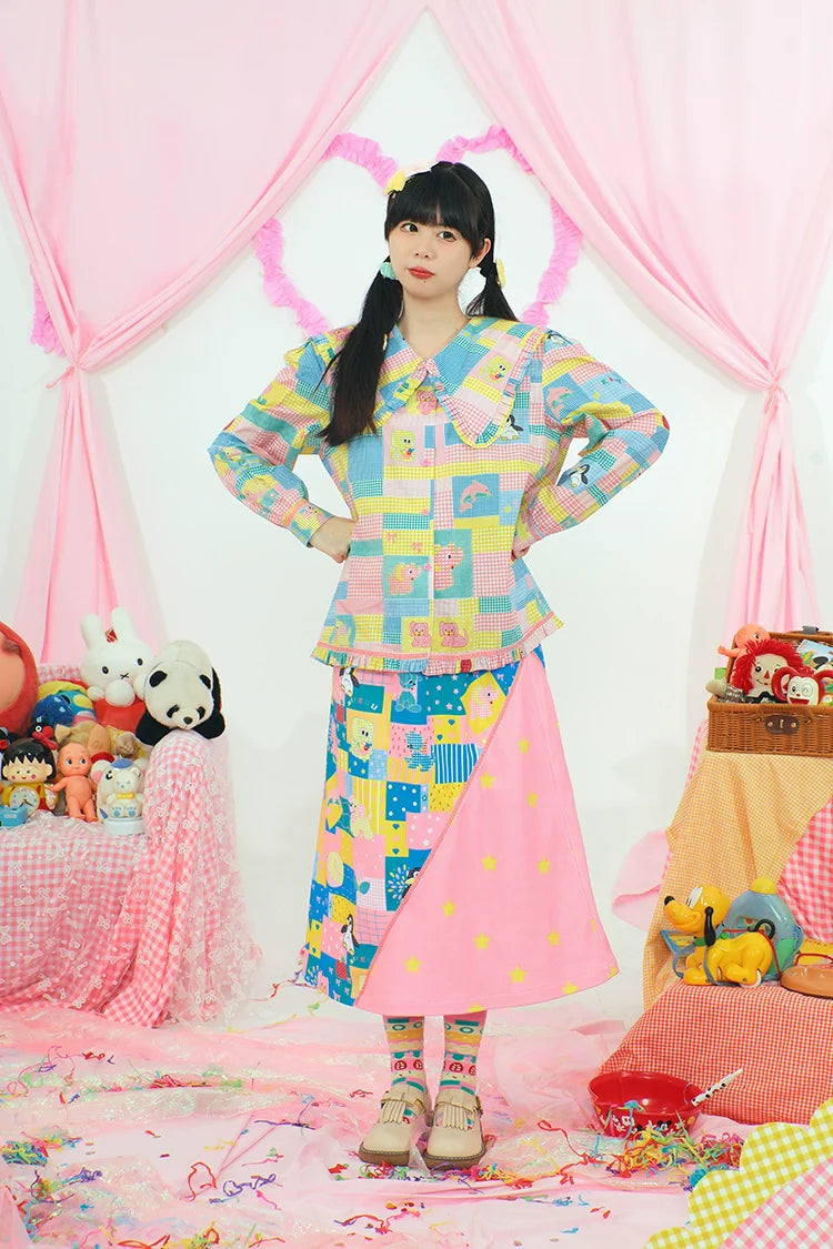 Patchwork Cartoon Print Skirt
